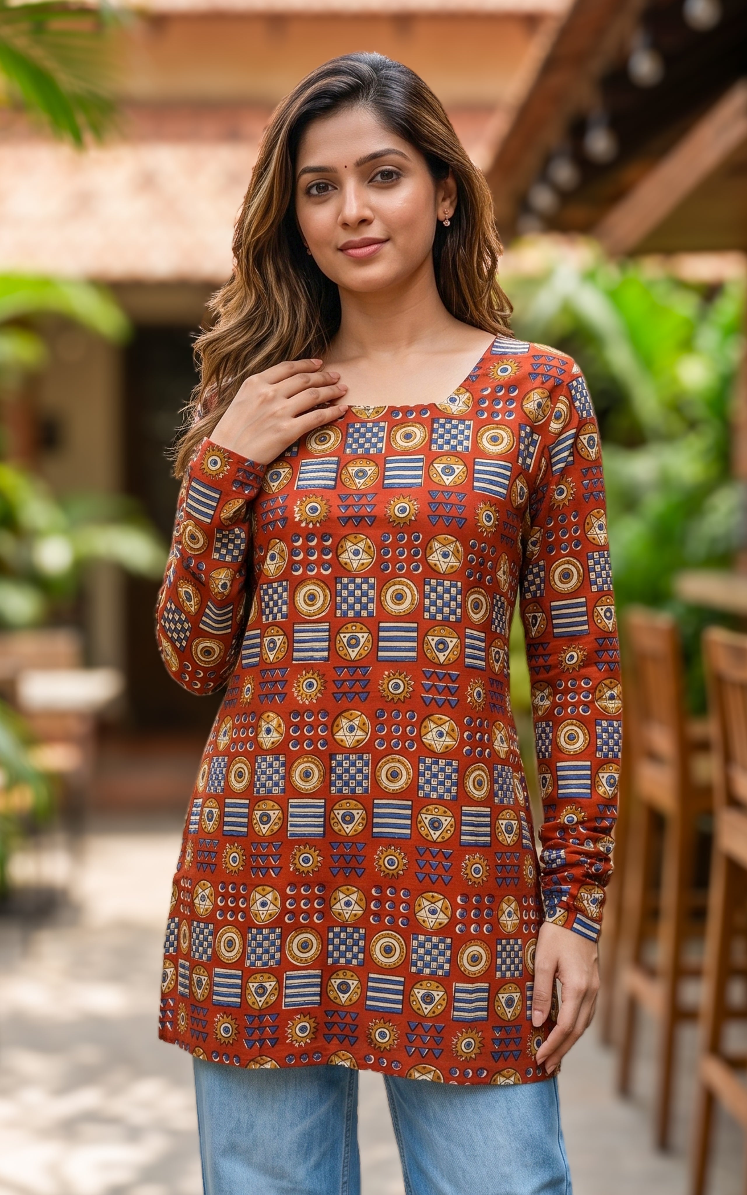 Instore – Handblock Printed Cotton Short Straight Cut Kurti for Women – Gathered Sleeves – Ethnic Wear