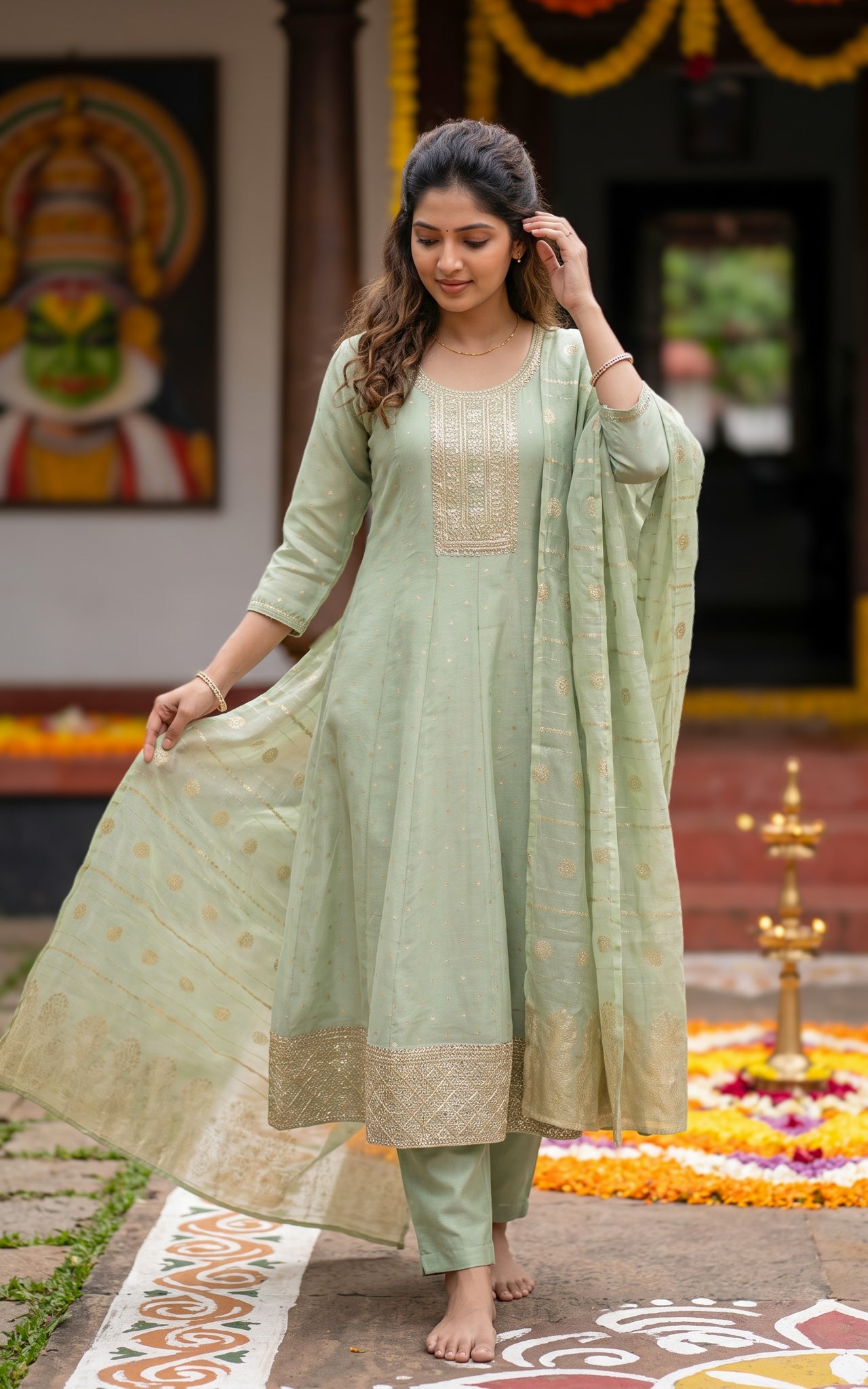 Green Chanderi Onam Festive Wear Kurti Set for Women
