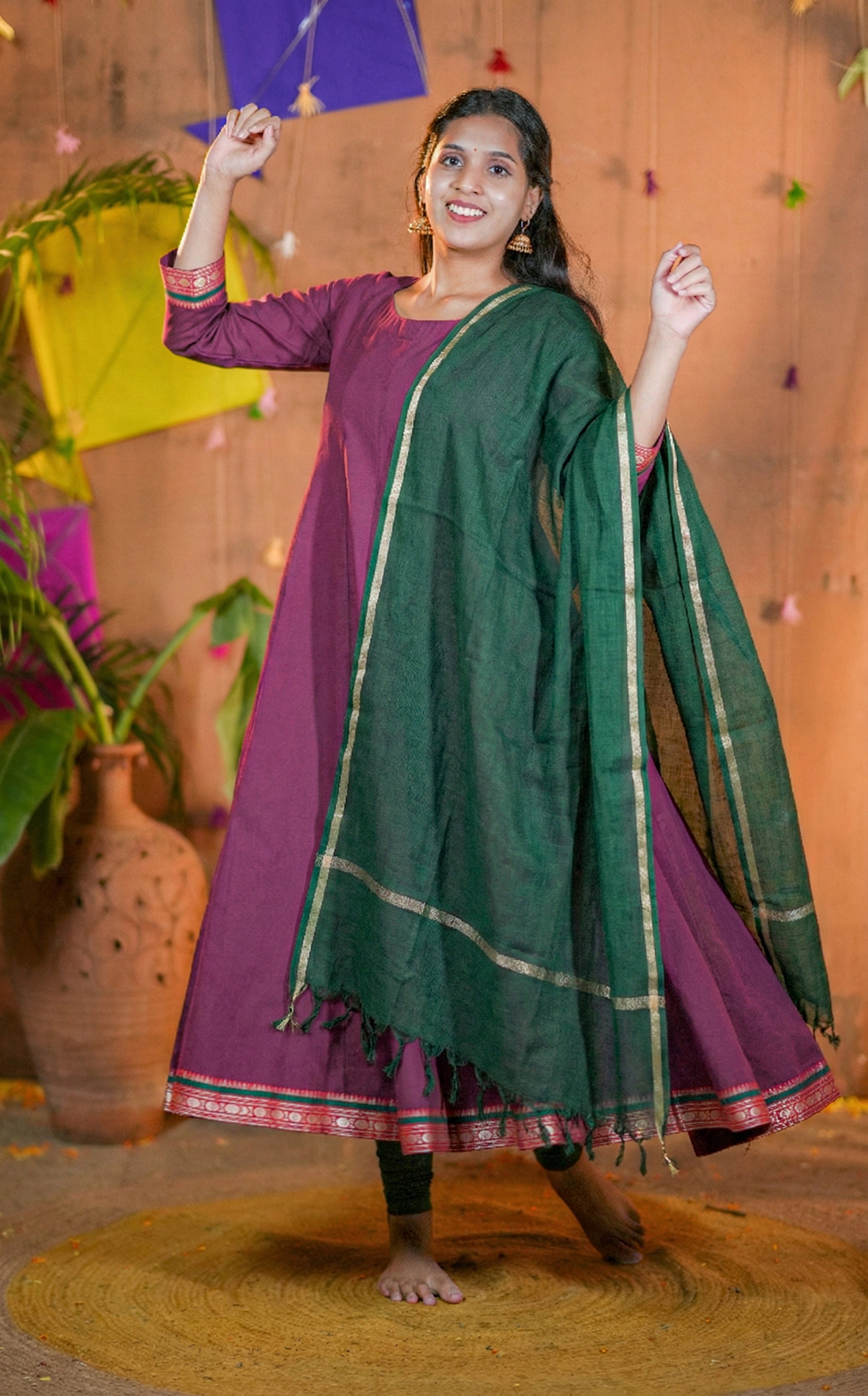 Instore-South Cotton Plum Full Flared Anarkali with One Side Pocket & One side Pocket & Dupatta