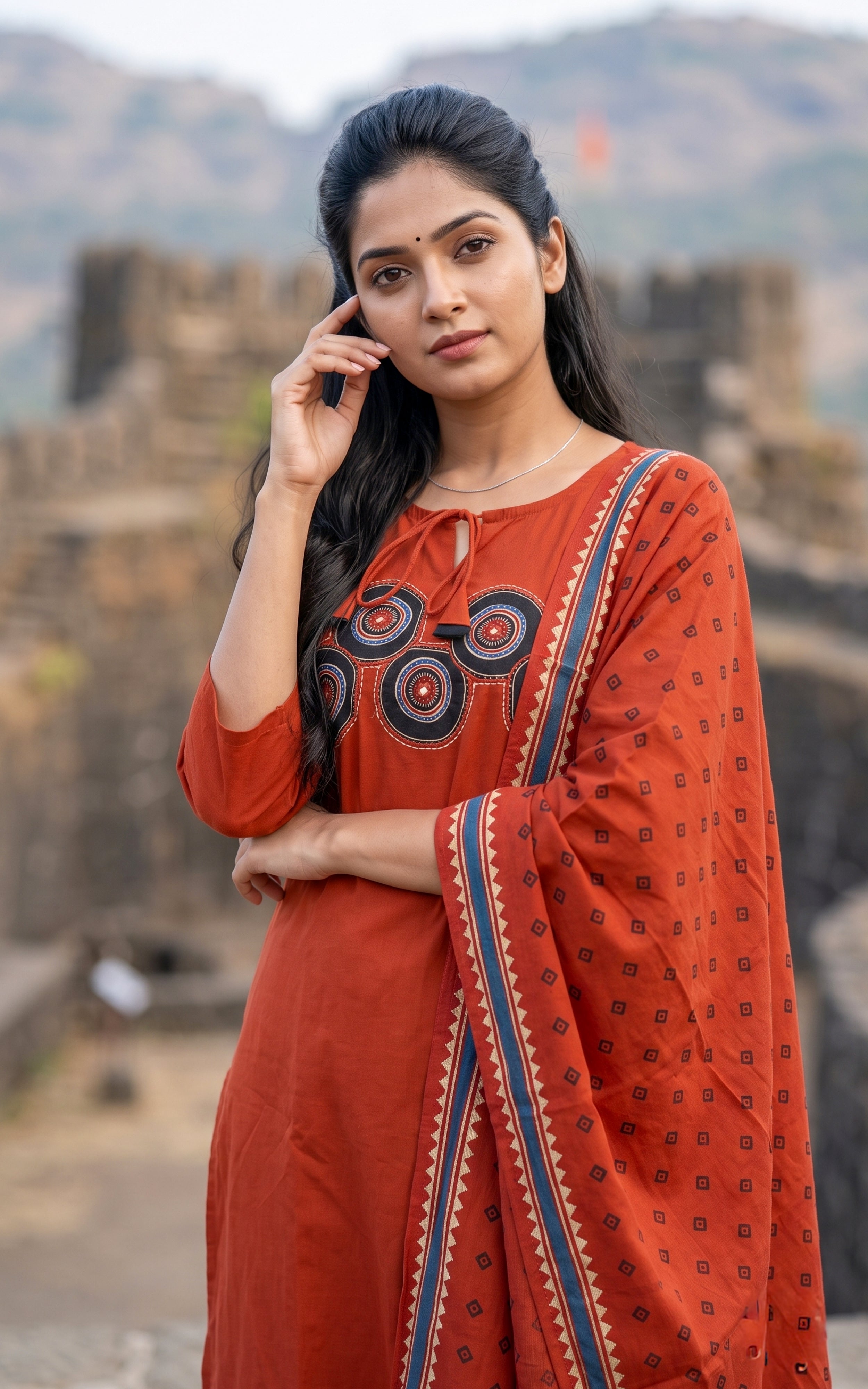 Brick Red Cotton Kurti Set for Women
