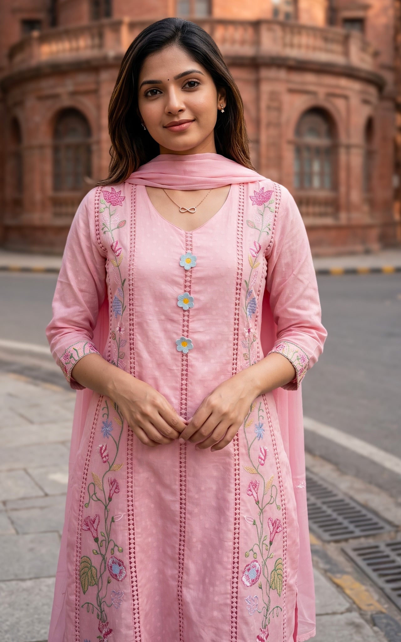 Pastel Pink Cotton Anarkali Kurti with Cotton Dupatta for Women