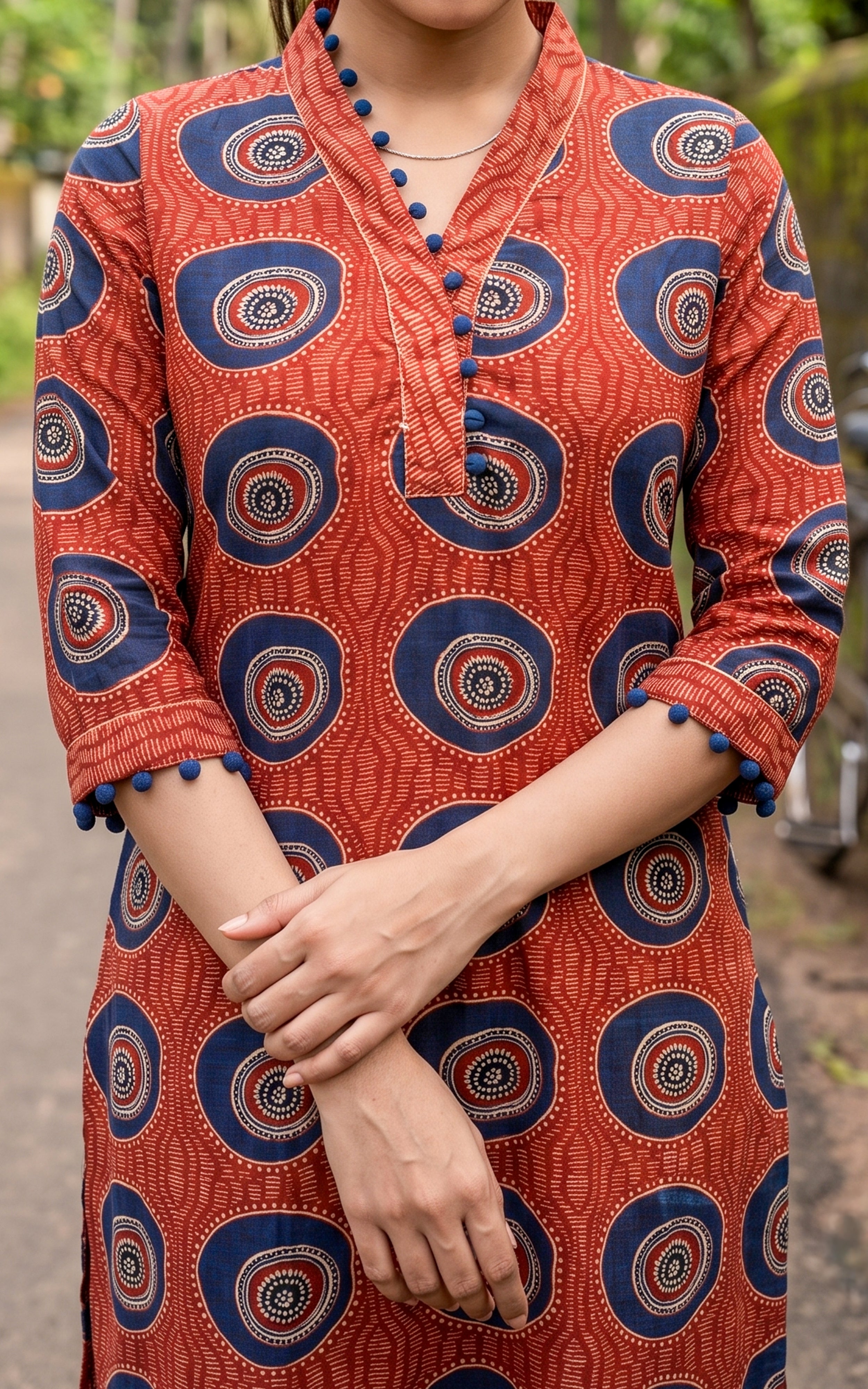 Maroon Cotton V-Neck Semi Aline Kurti Set with Side Slit for Women