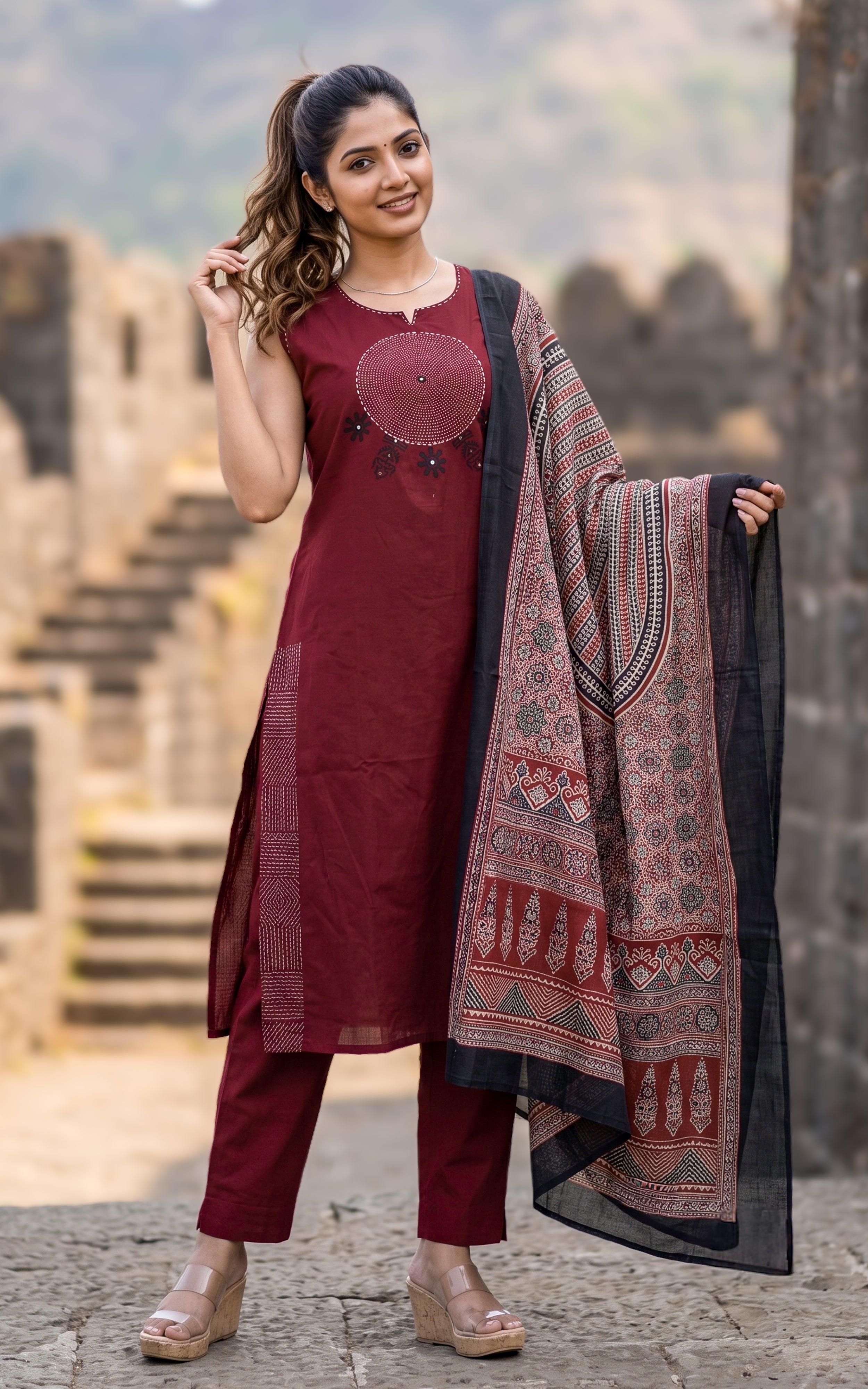 Maroon Cotton Kurti Set for Women