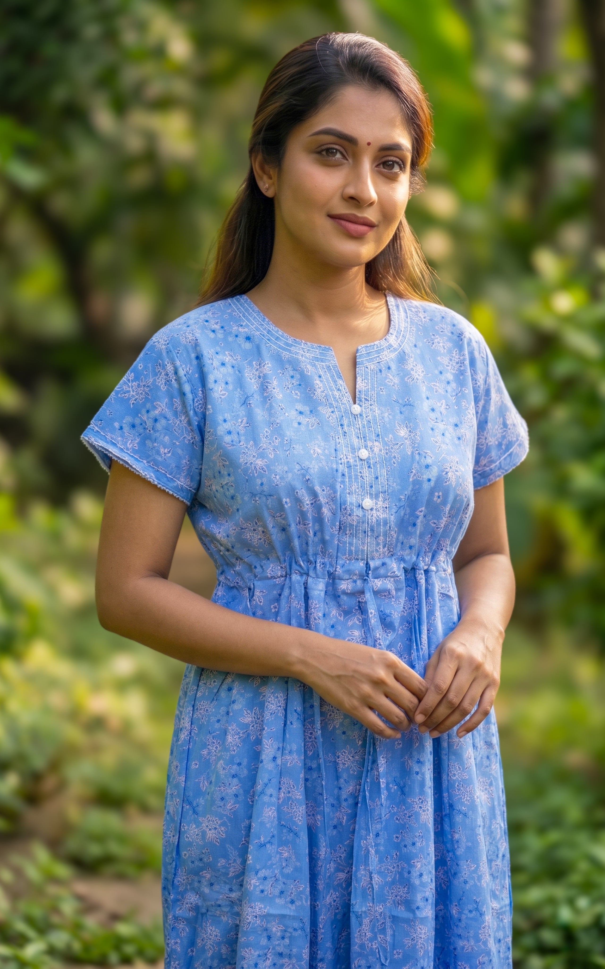 Instore - Blue Floral Print Cotton A-line Long Nighty with Side Pocket, Relaxed Fit, Women's Sleepwear