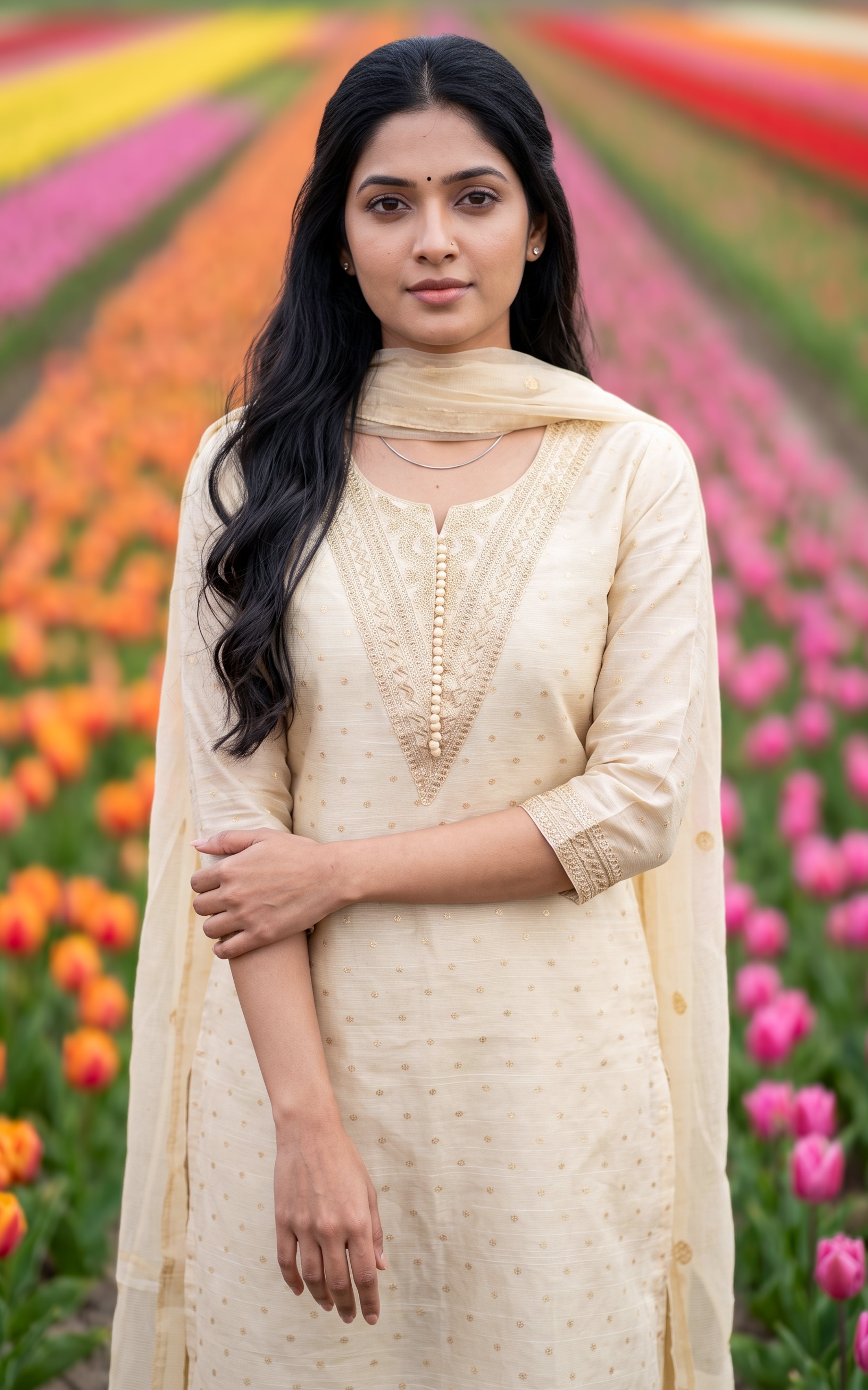 Beige Chanderi Designer Kurti Set for Women