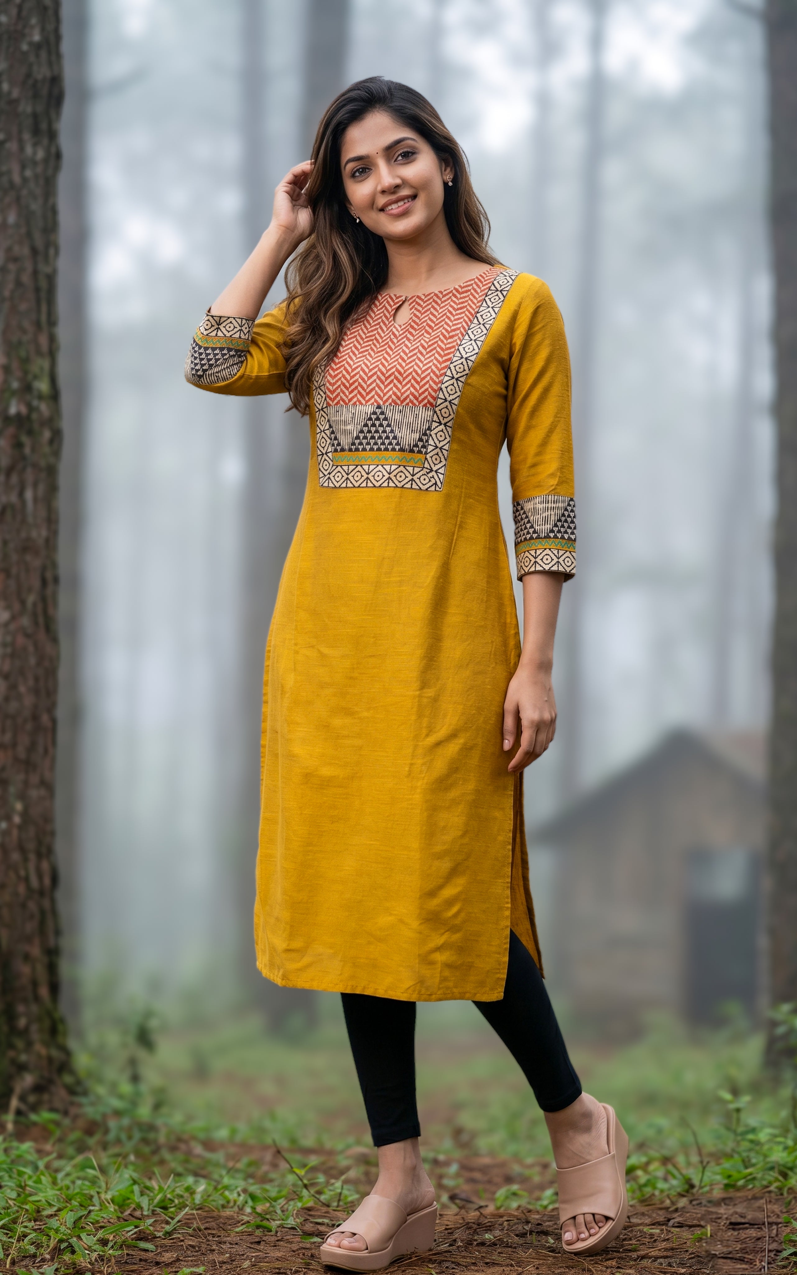 Mustard casual wear silk cotton kurti for women
