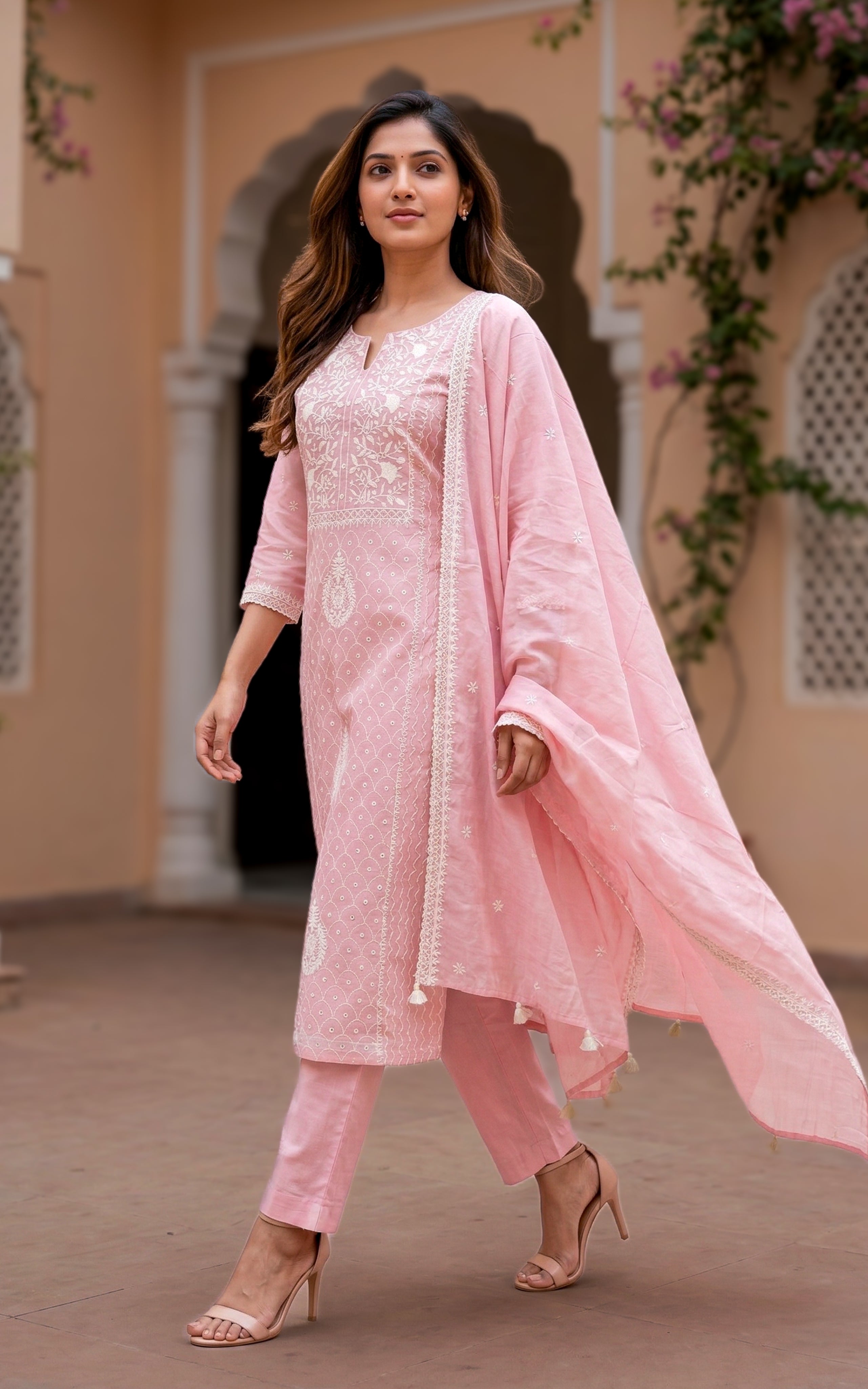 Festive wear floral embroidered chanderi kurti set