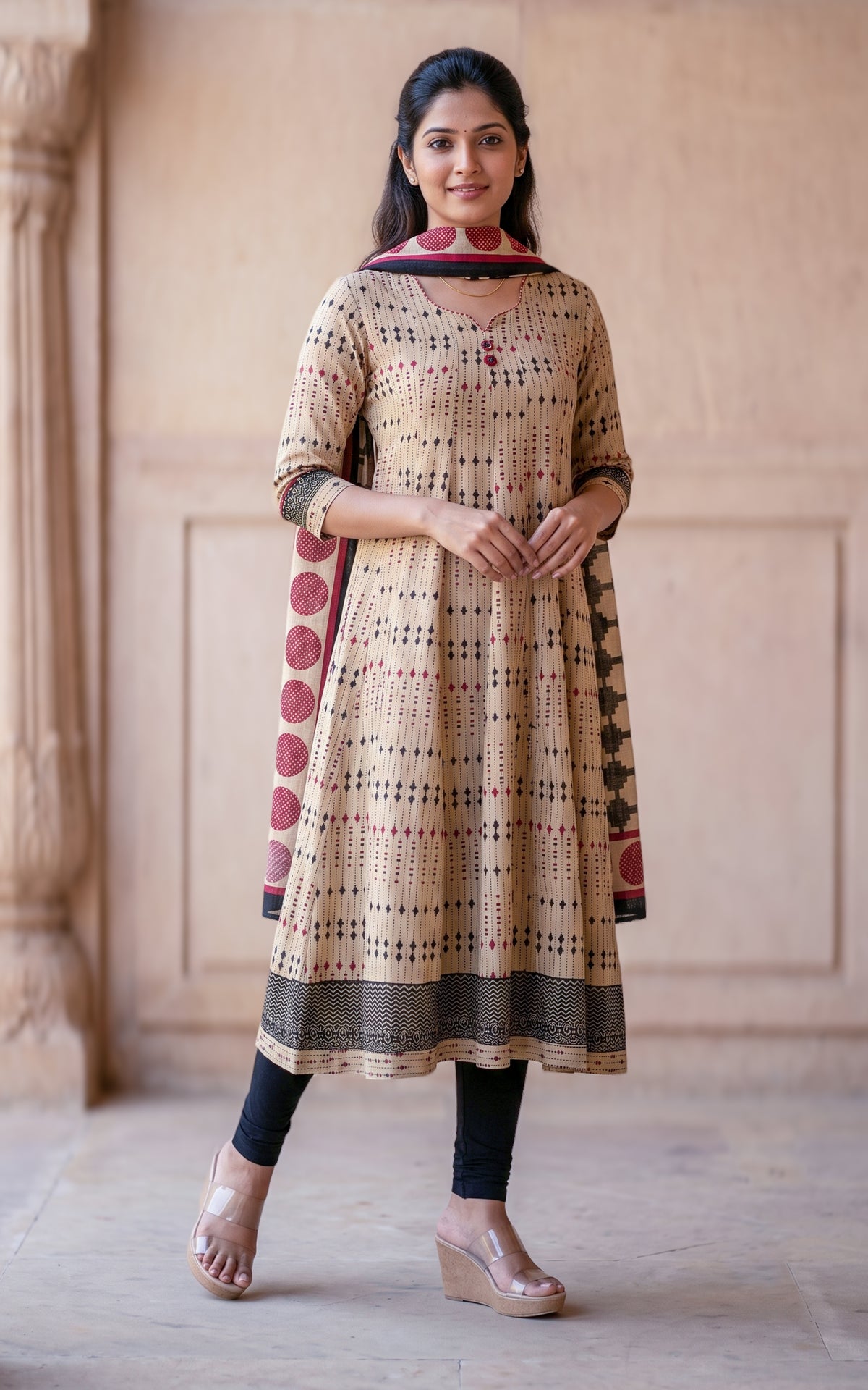 Beige and Black Cotton Full Flared Anarkali Kurti with Dupatta for Women