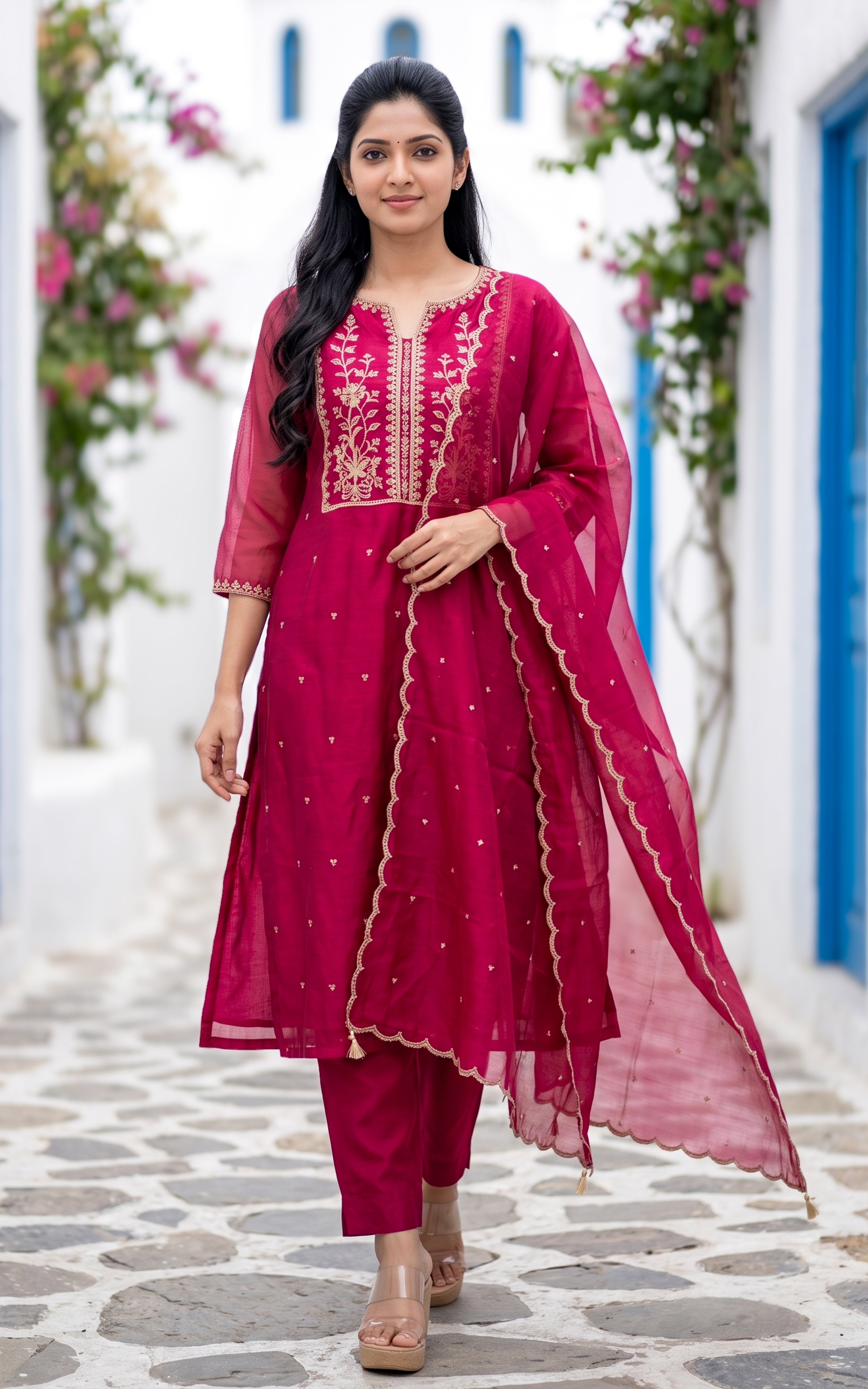 Red Chanderi Ethnic Wear Kurti Set for Women