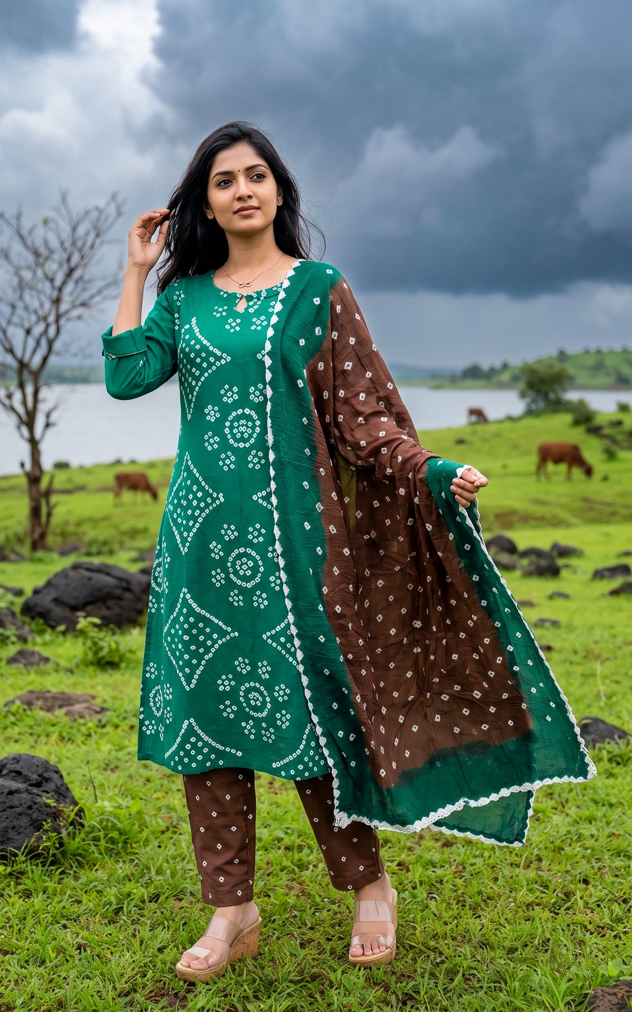 Rama Green and Brown Cotton Bandhani Kurti Set for Women