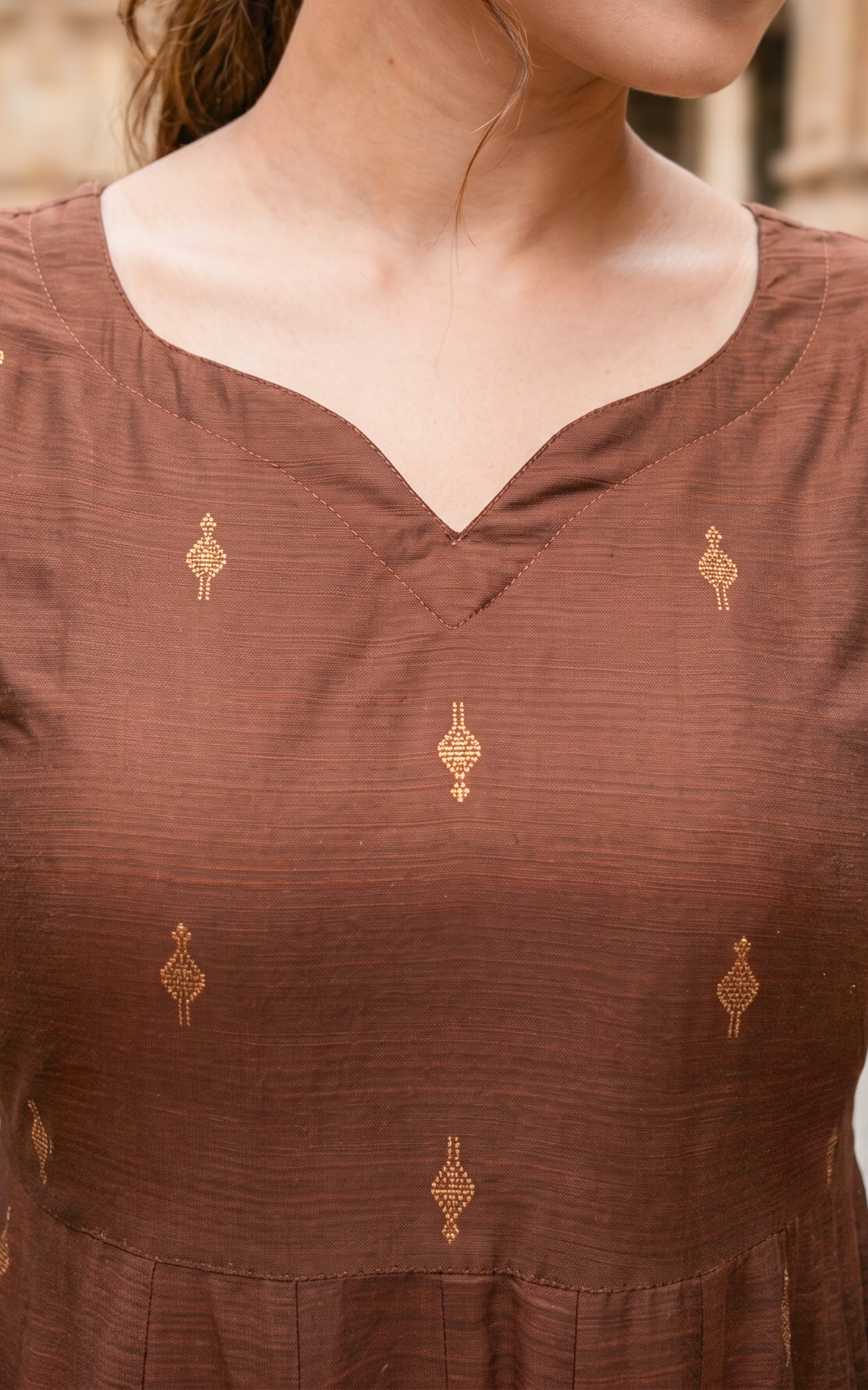 Instore – Brown Yaazhi Anarkali Kurti with Dupatta for Women – Silk Cotton – Golden Butta Work – Festive Ethnic Wear