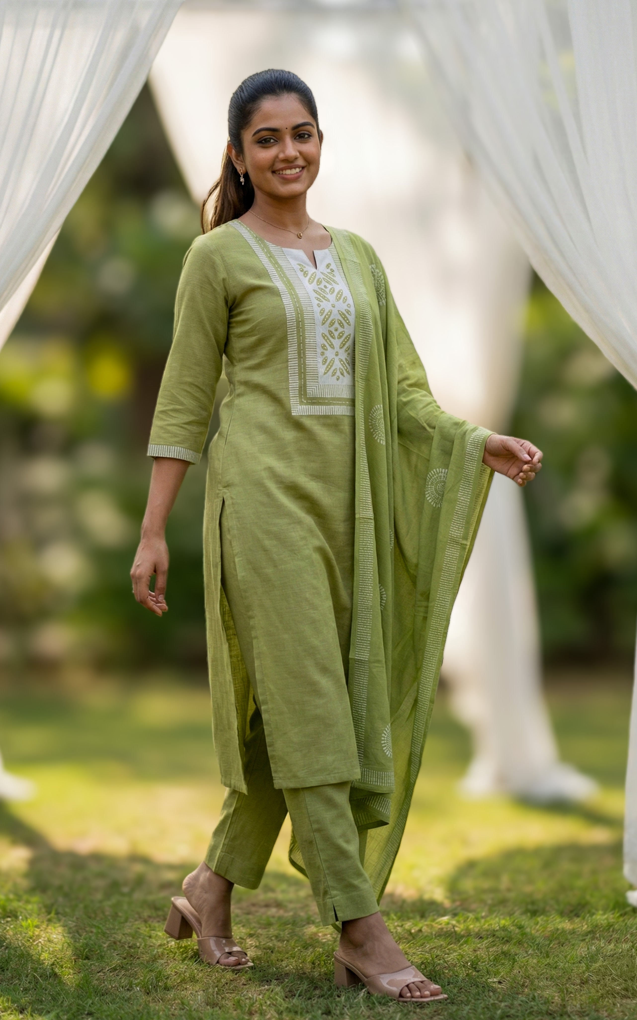 Pastel green south cotton straight cut kurti set for women
