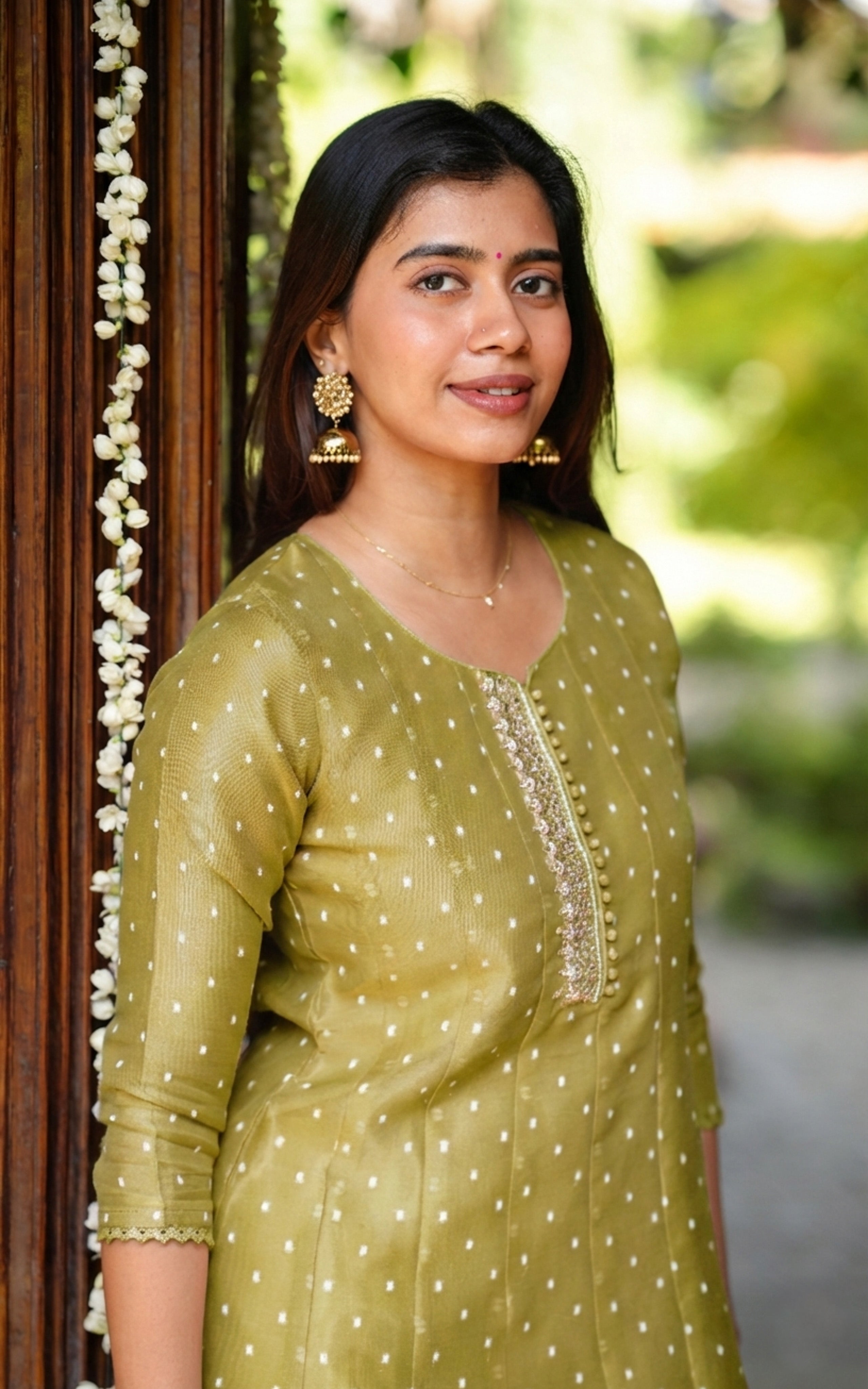 Instore - Pista green Chanderi A-line kurti with Zari Embroidery & Butter Crepe Lining