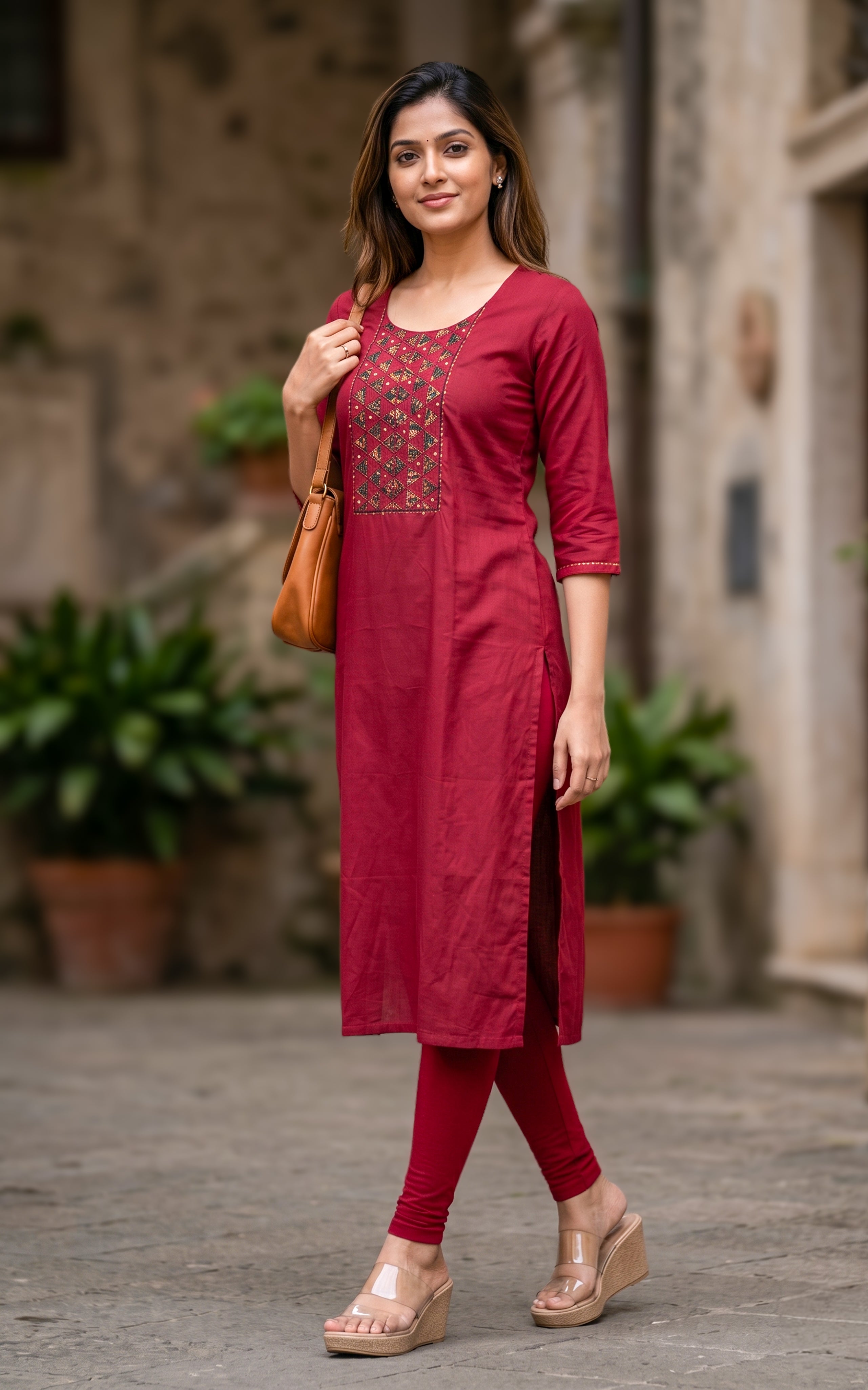 Maroon casual wear cotton kurti for women