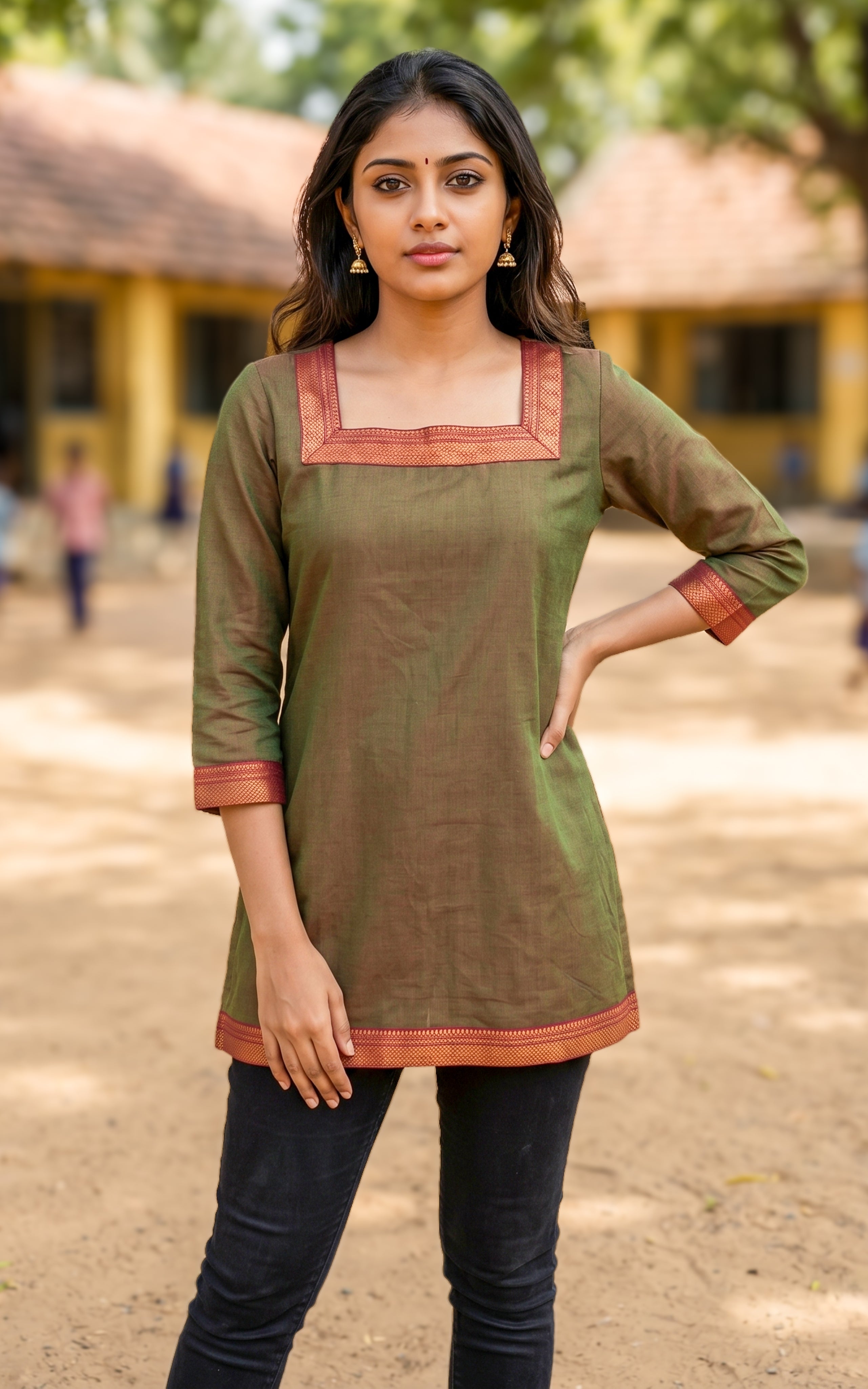 Olive green cotton short kurti for women