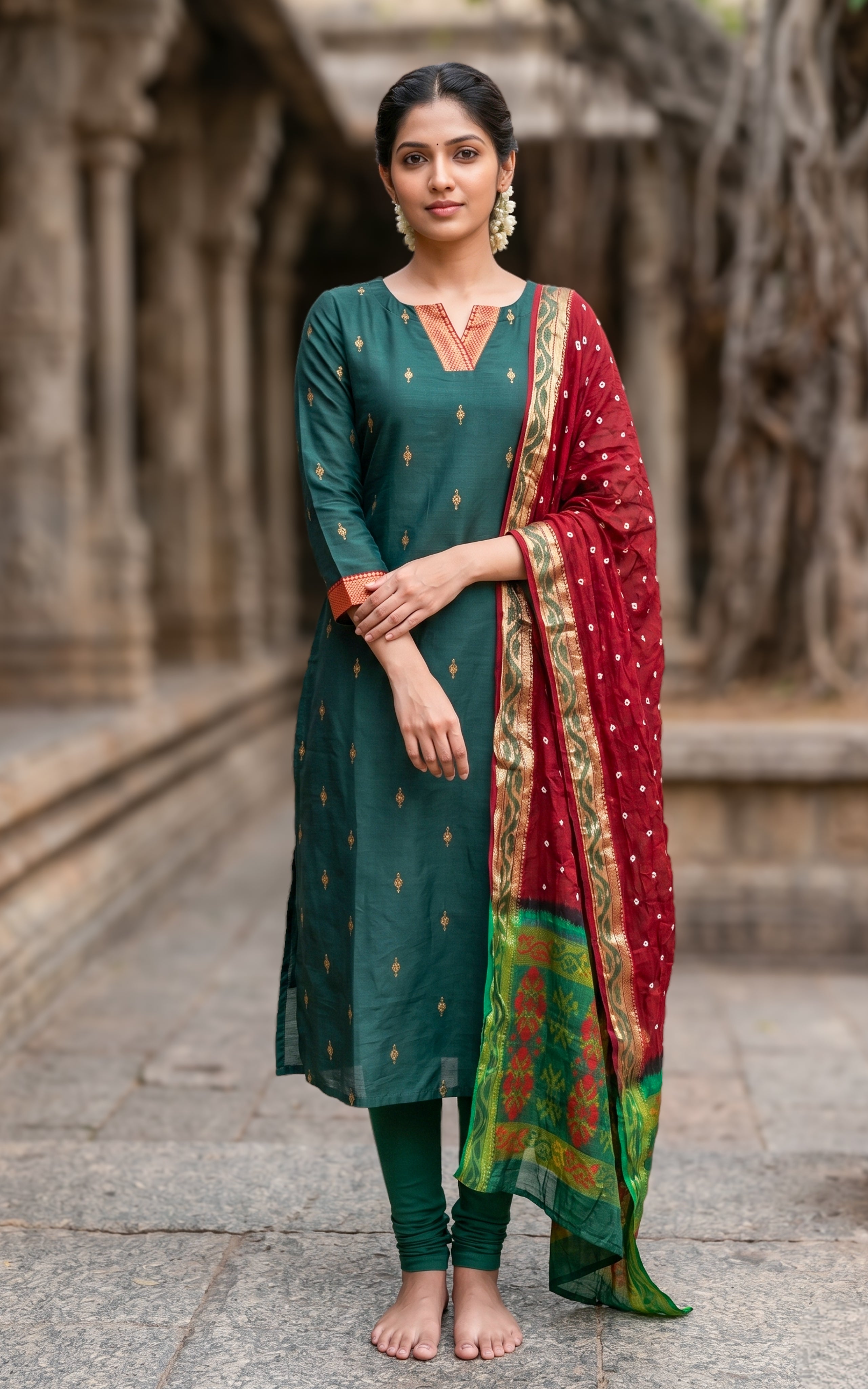 Bottle green silk cotton kurti set for women
