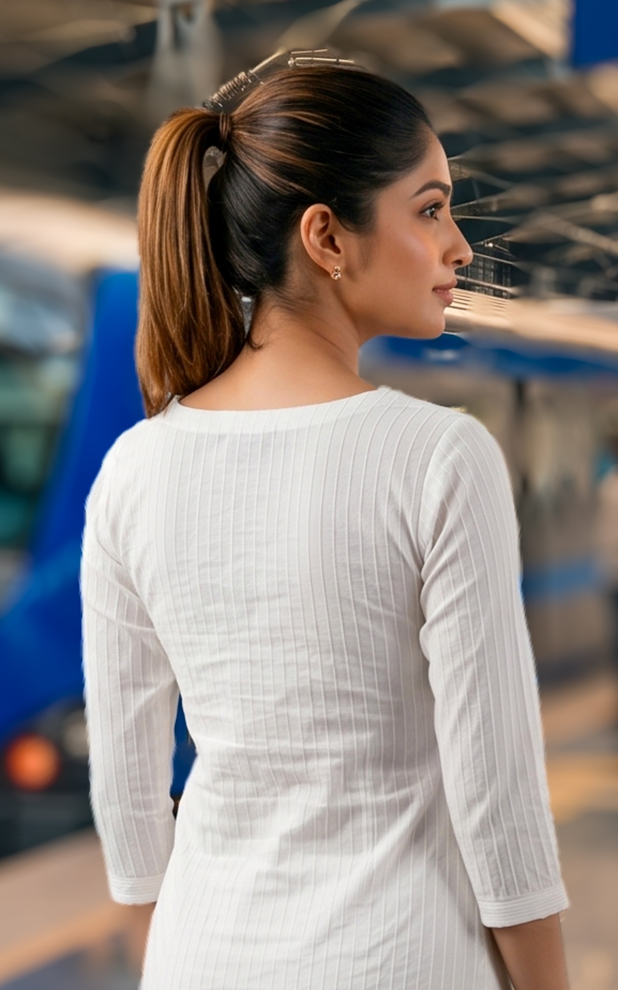 Instore - White Color V Neck Straight Cut Kurti with Side Slit and Pintuck Detailing, Paired with Indigo Dupatta, No Lining