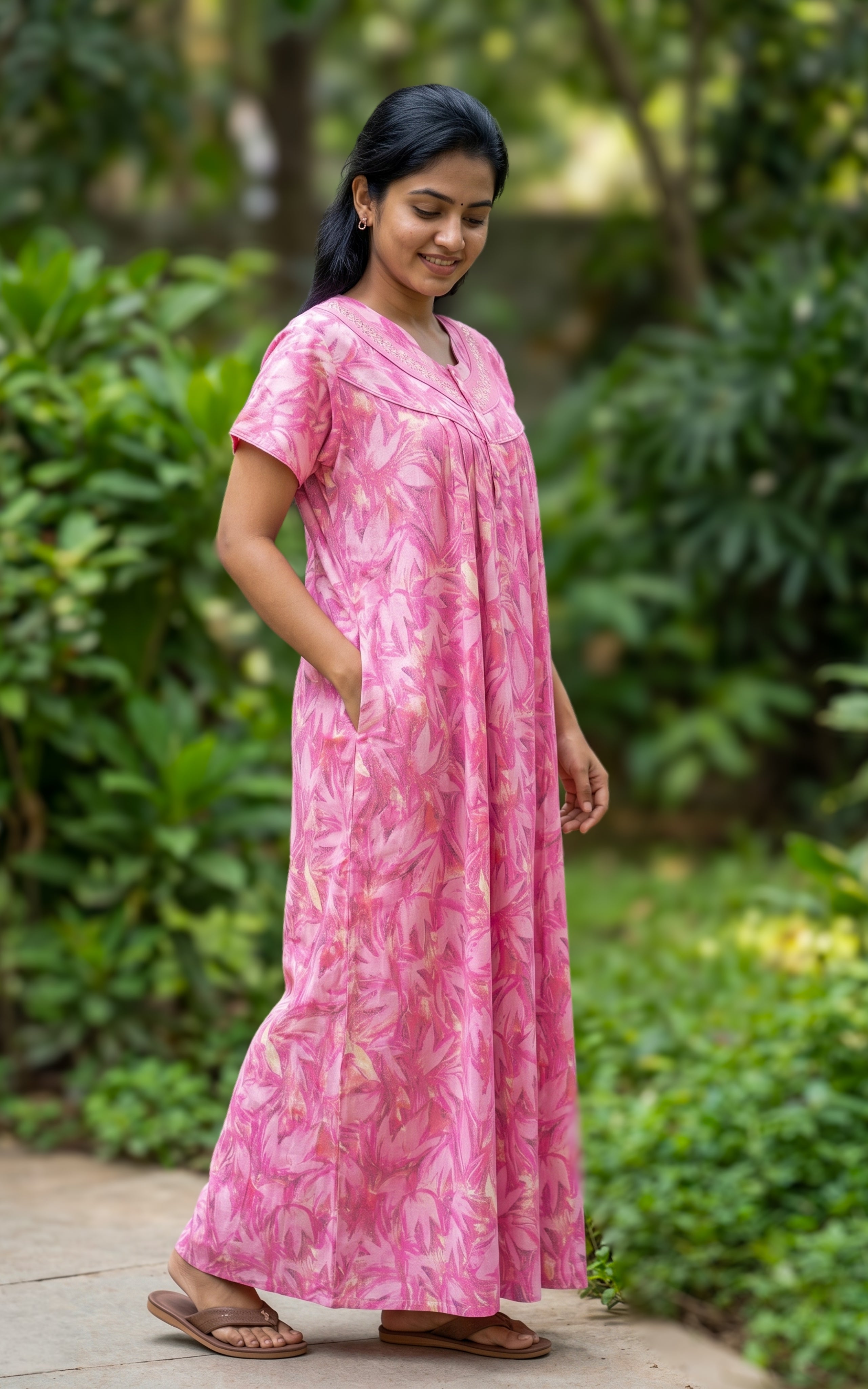 Instore - Pink Leaf Print Cotton Long Nighty with Side Pocket, Relaxed Fit, Women's Sleepwear