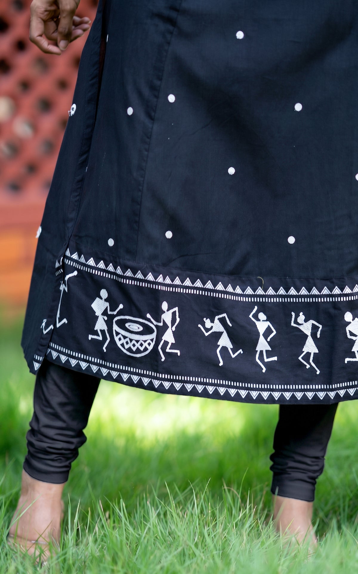 Black Cotton Warli Print Aline Kurti with Side Slit for Women