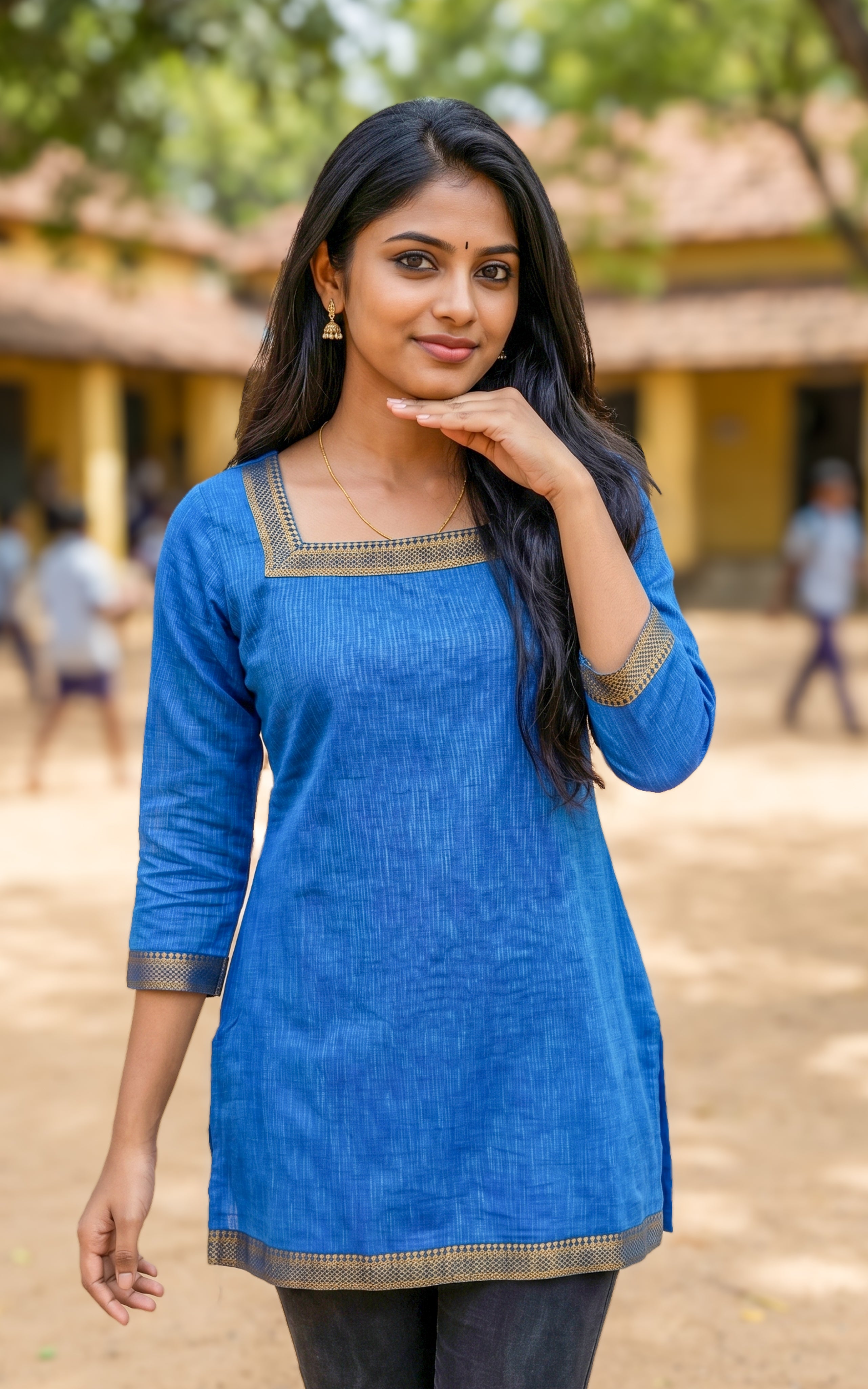 Blue cotton short kurti for women