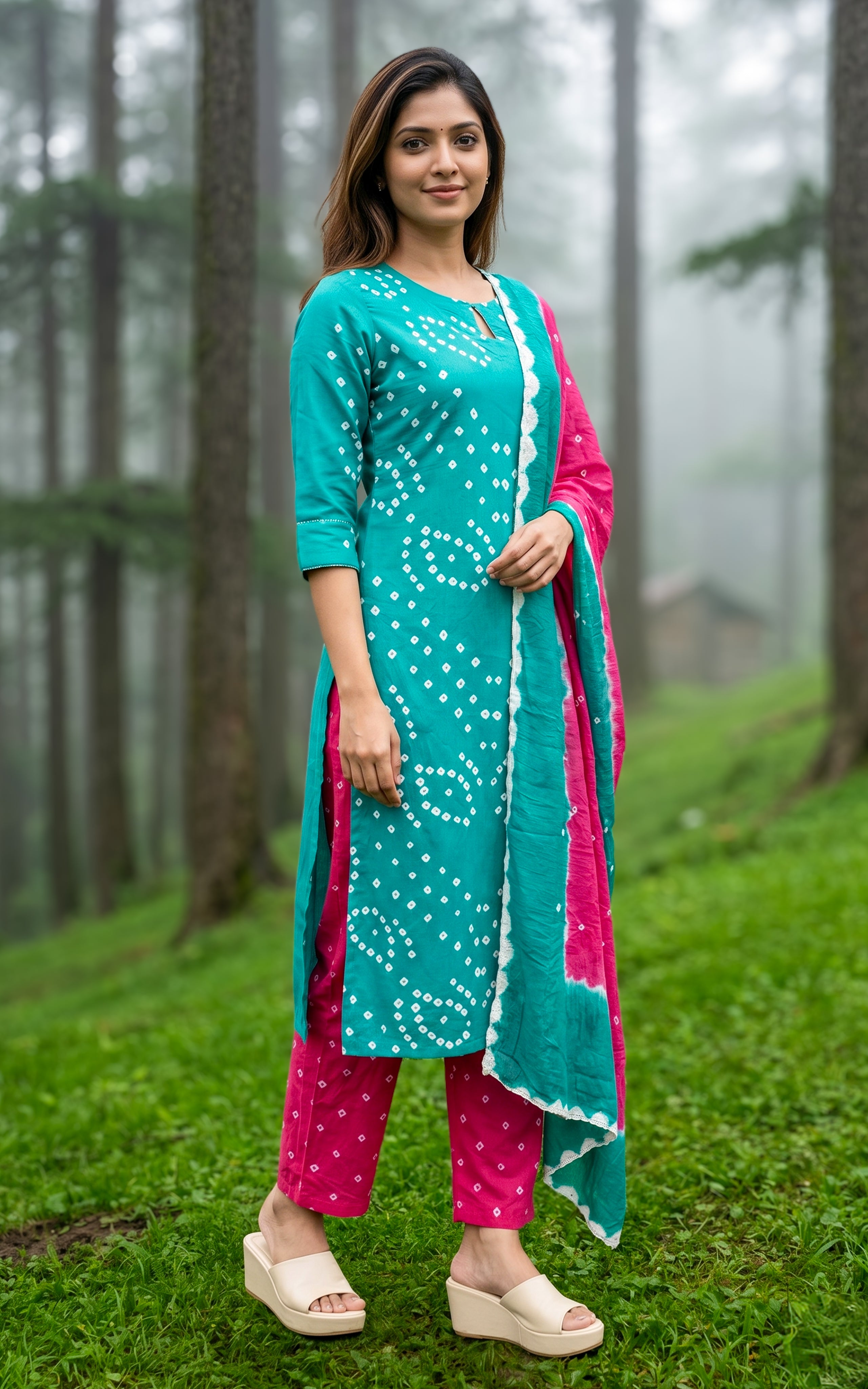 Soft cotton Bandhini kurti set for women