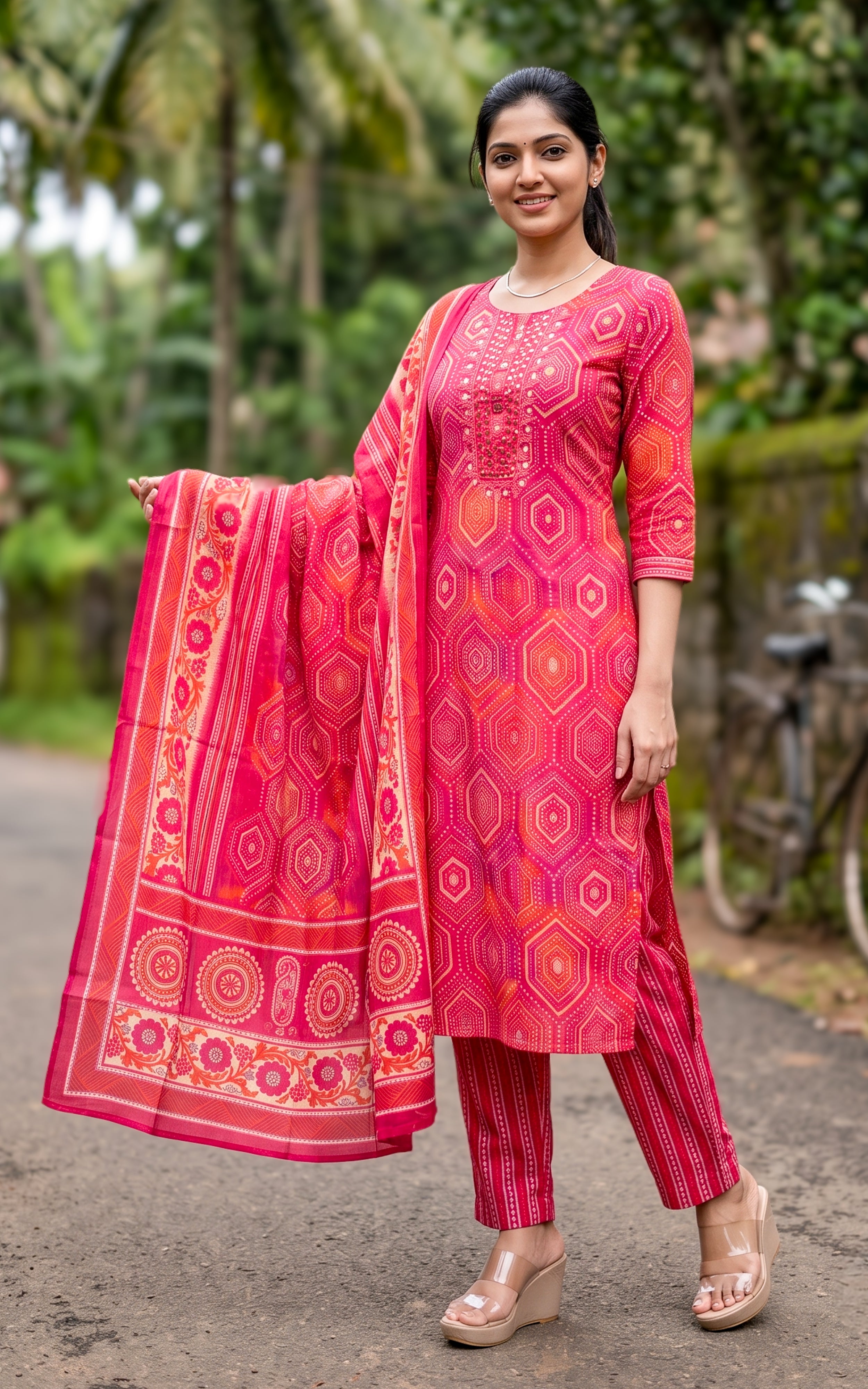 Pink Art Silk Kurti Set with Dupatta for Women