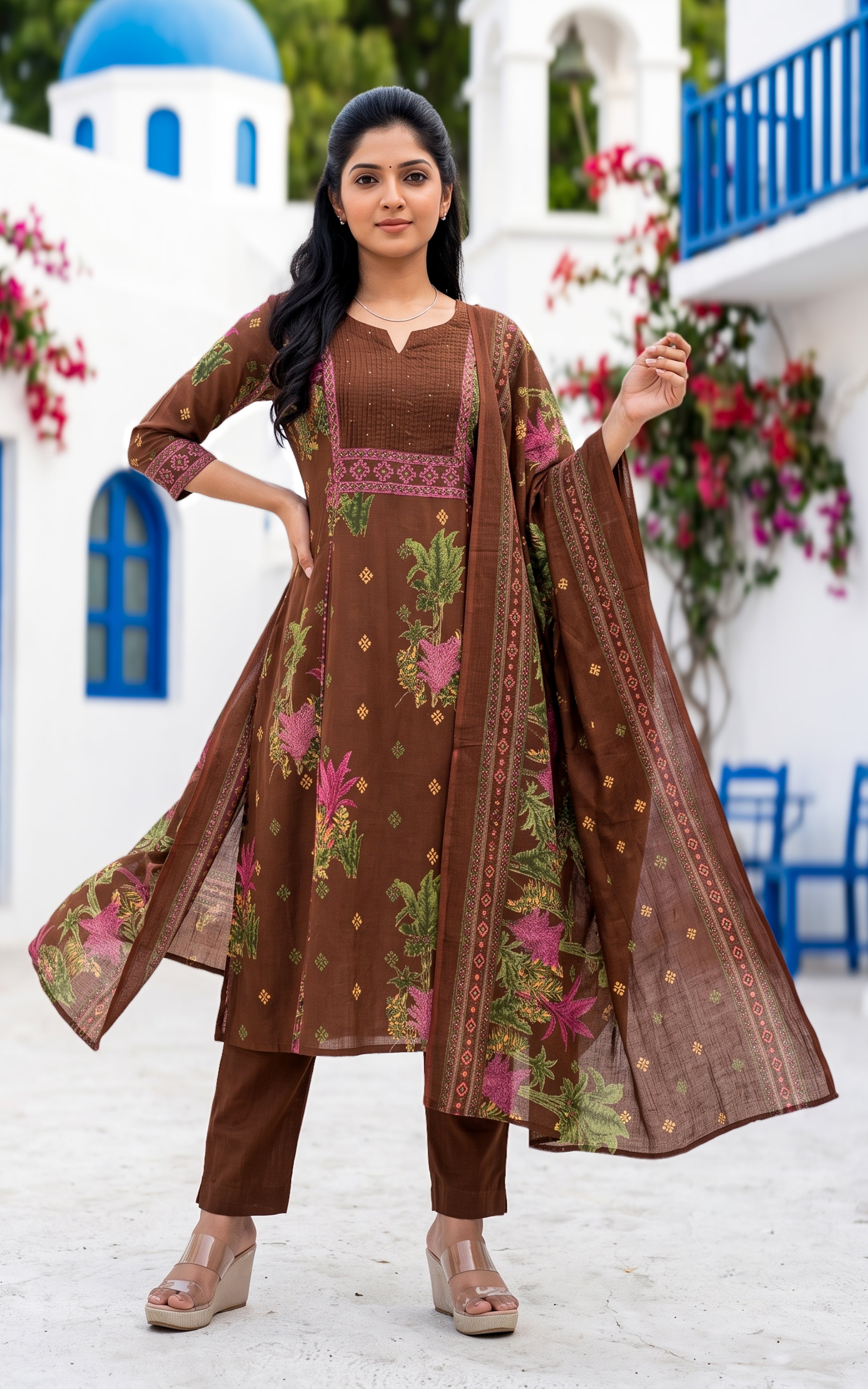 Brown Printed Cotton Casual Wear Kurti Set for Women