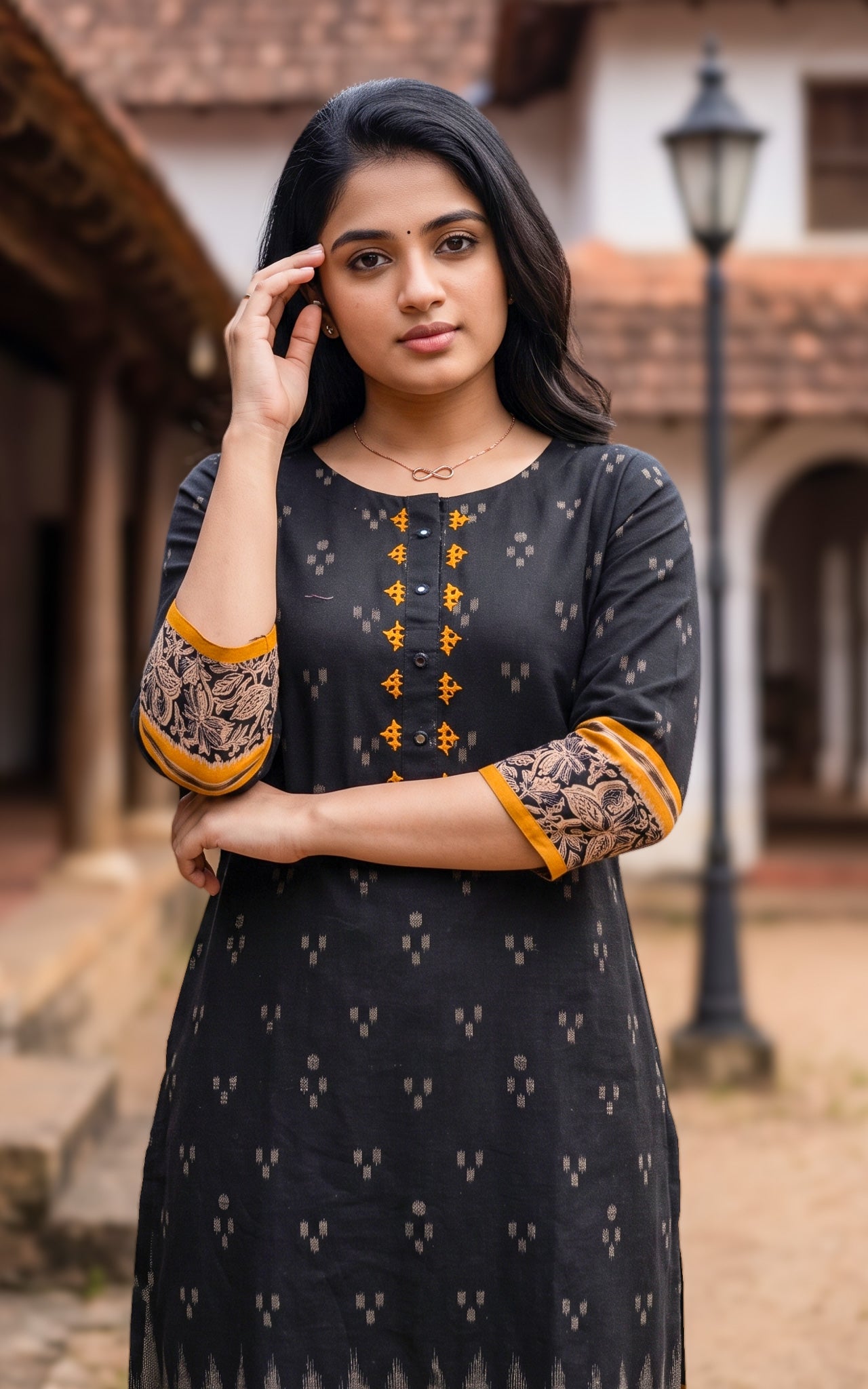 Black and Mustard Cotton Daily Wear Kurti for Women