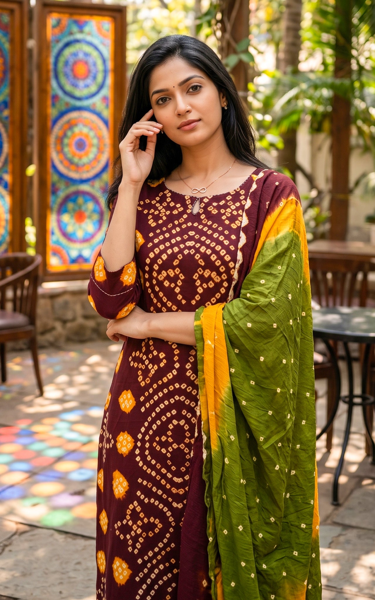 Deep Brown and Mehndi Green Cotton Daily Wear Kurti Set for Women