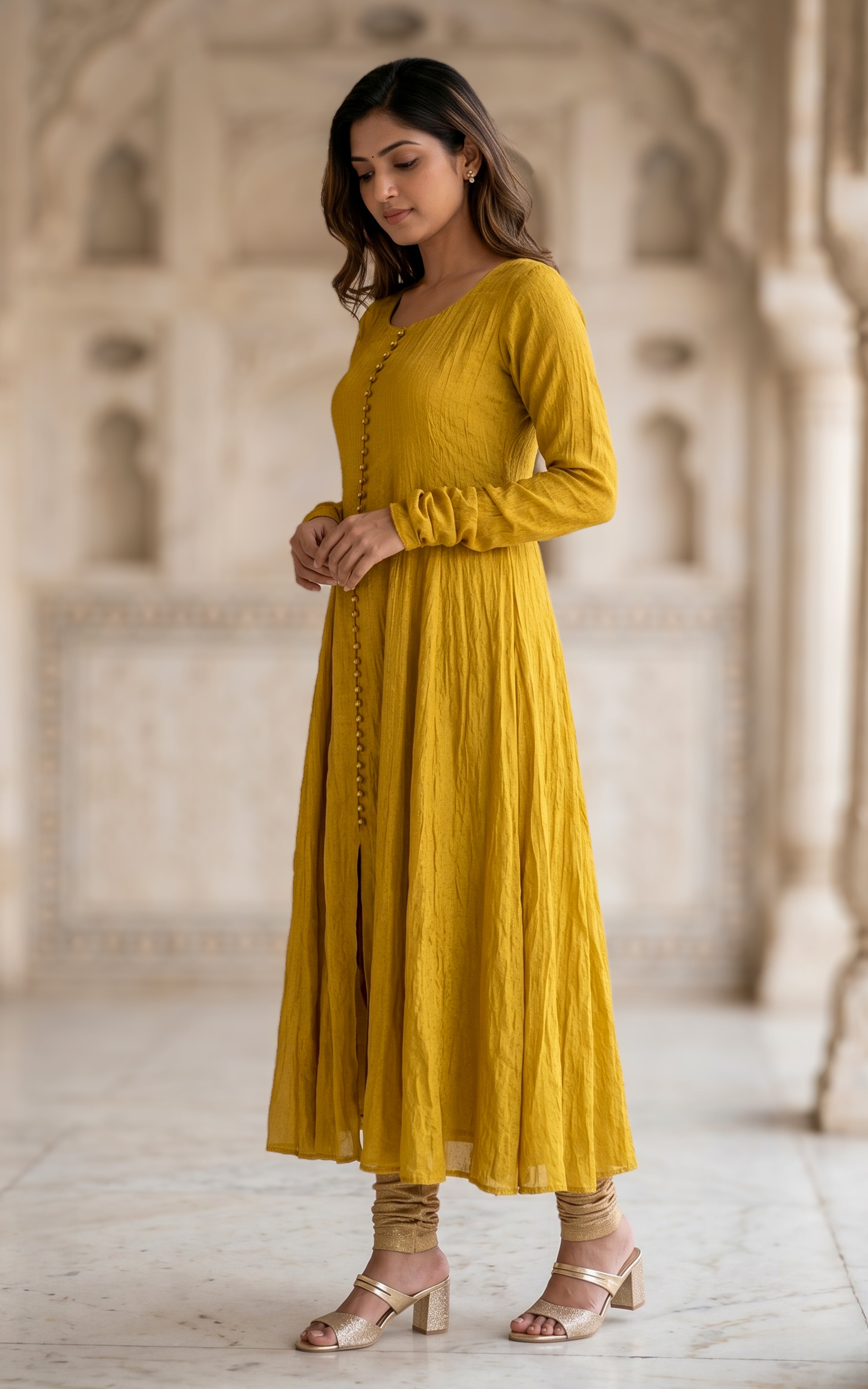 Mustard designer Anarkali kurti for women