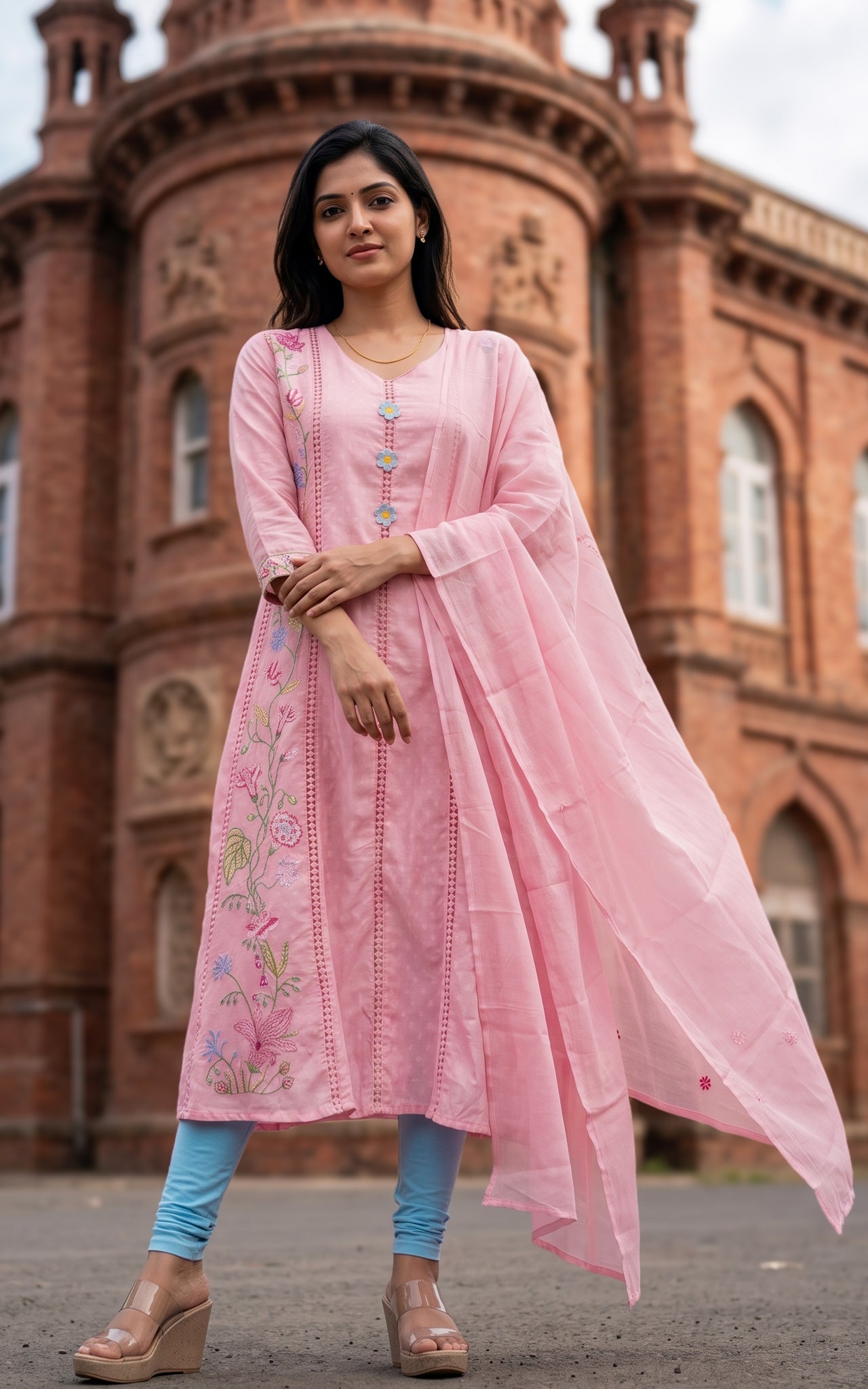 Pastel Pink Cotton Ethnic Wear Anarkali Kurti Dupatta for Women