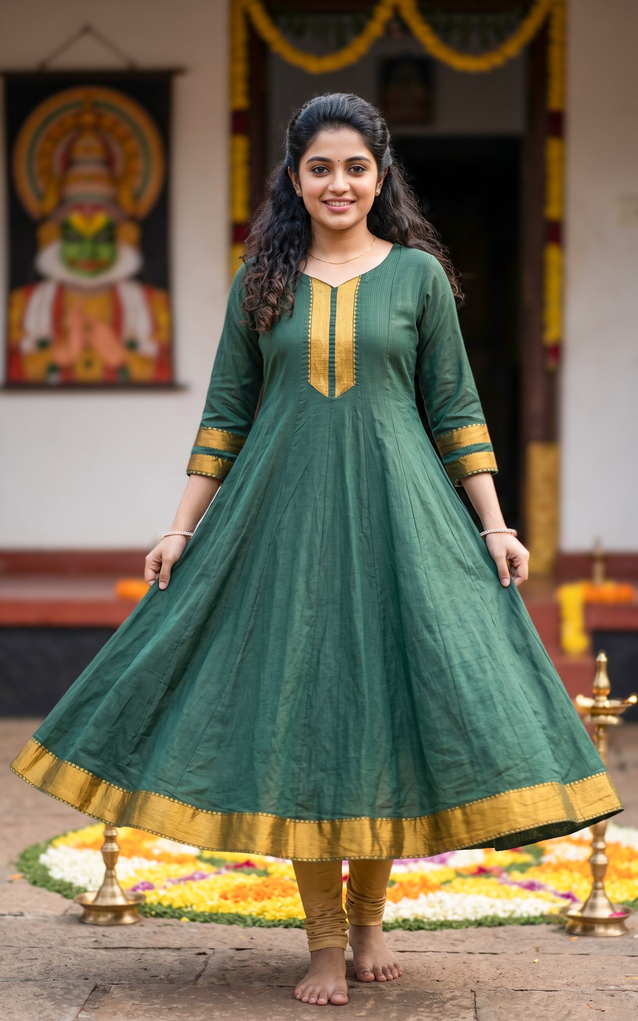 Green Blended South Cotton Onam Collection Kurti for Women