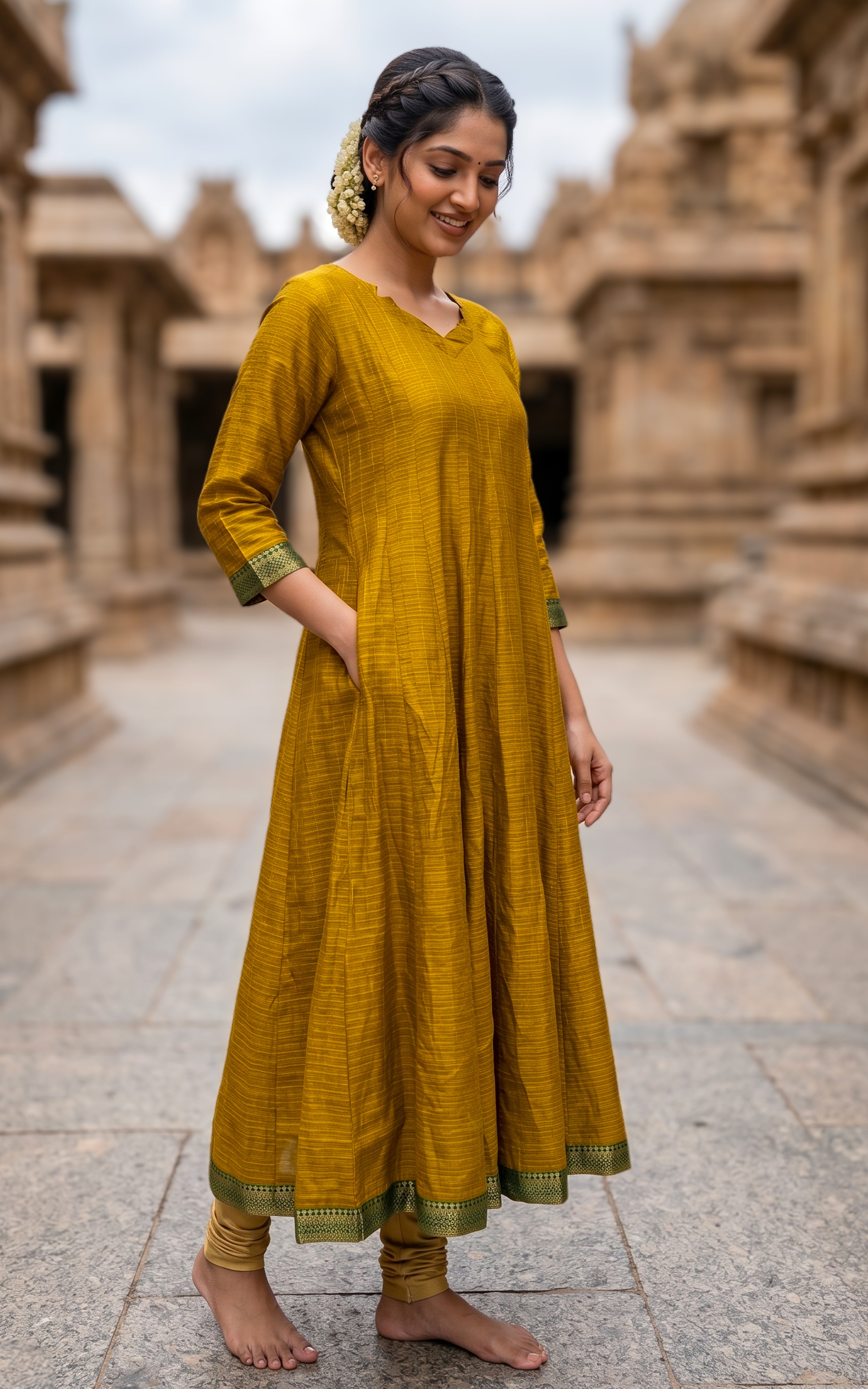 Instore – Mustard Azhagumalar Anarkali Kurti for Women – Slub Cotton – Contrast Zari Border – Festive Ethnic Wear