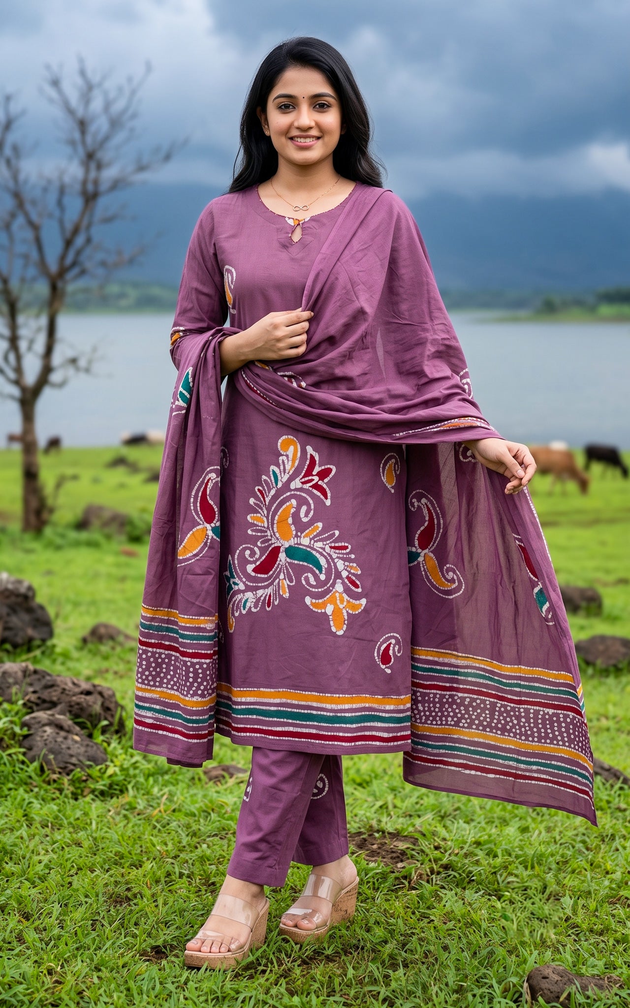 Mauve Cotton Daily Wear Kurti Set for Women