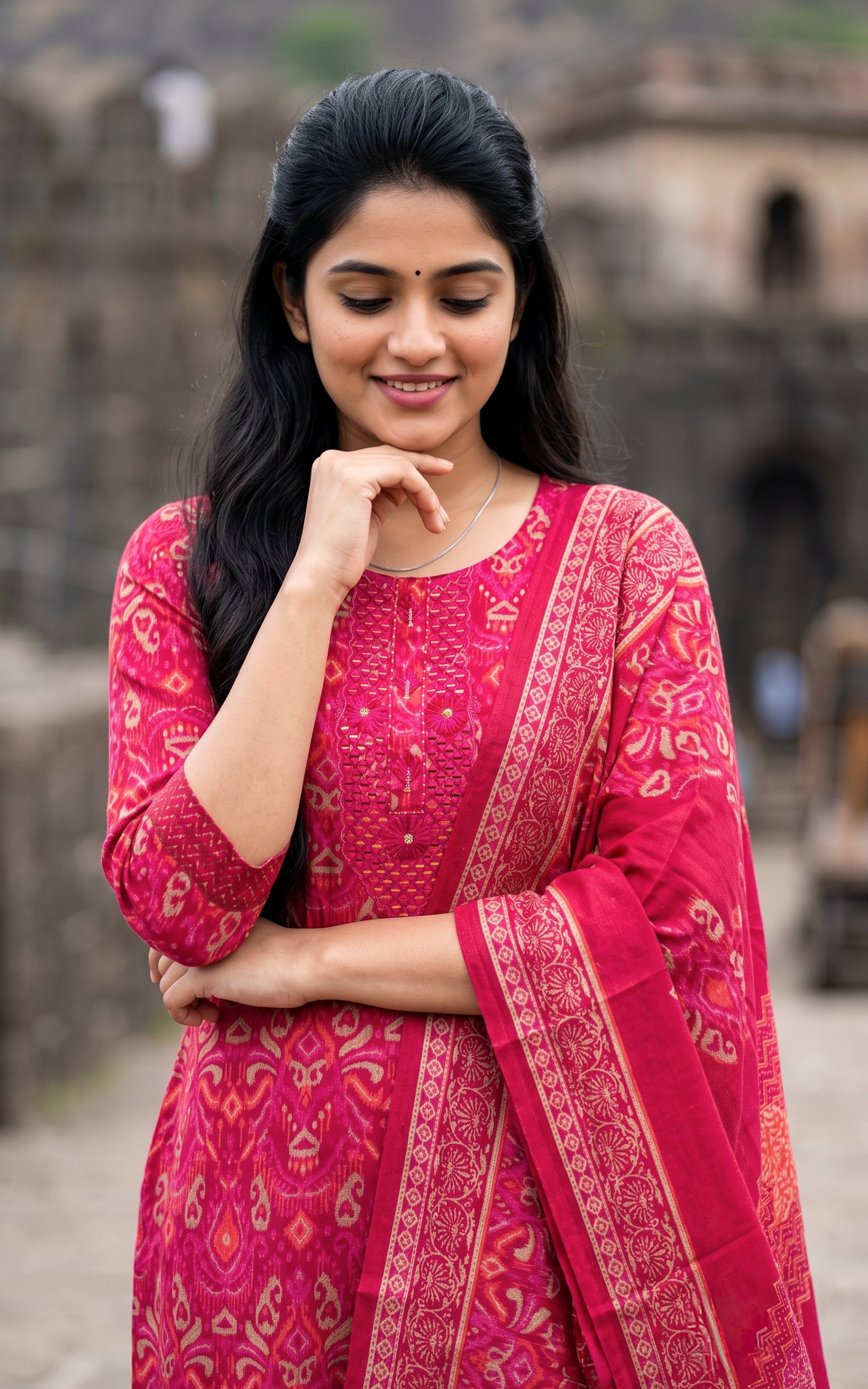 Reddish Pink Art Silk Office Wear Kurti Set with Dupatta for Women