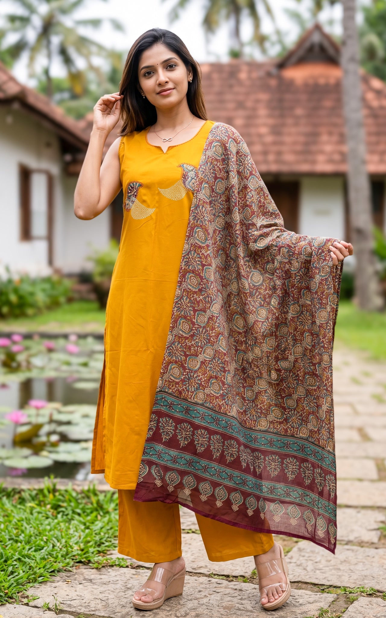 Manjal Veyil Handblock (Kurti+Pant+Dupatta)