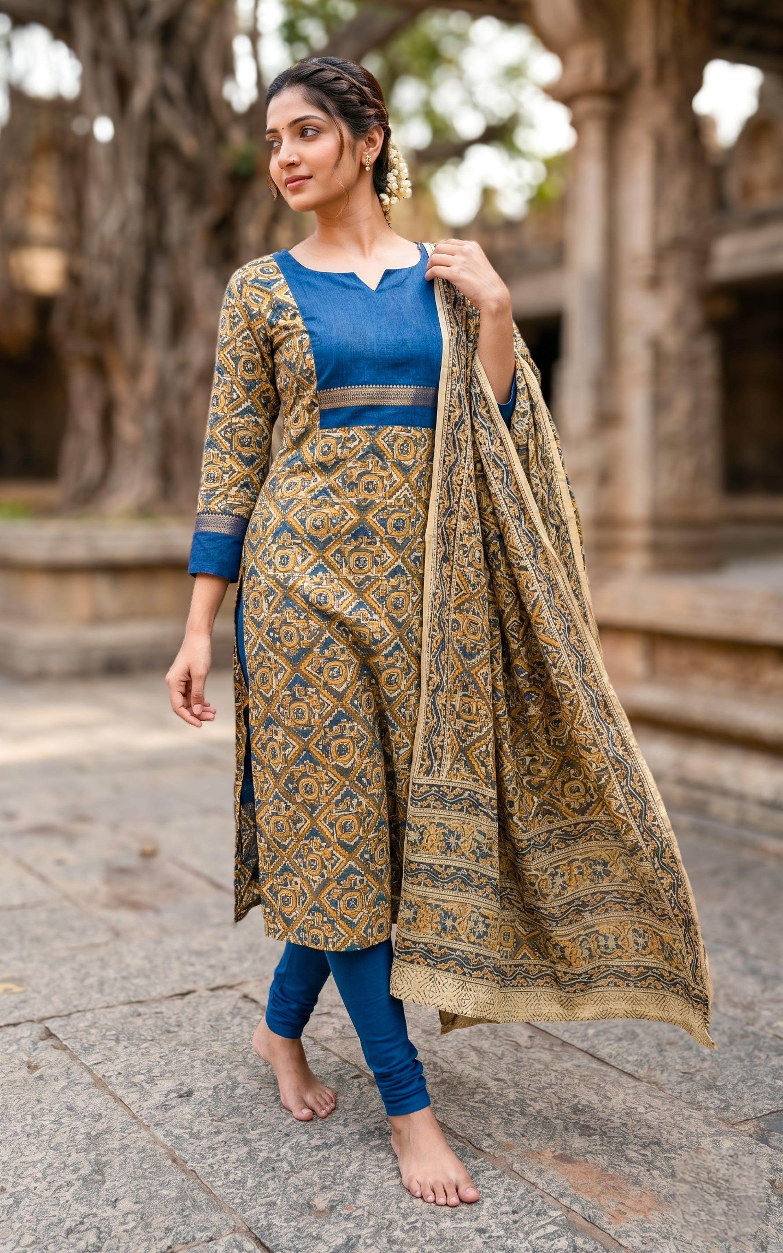  Instore-Avanitha A (Kurti+Dupatta)-Kalamkari Cotton -Mustard color- 3/4th Sleeve Kurti- Daily vogue-Summer outfit - Summer collection - women kurti- 