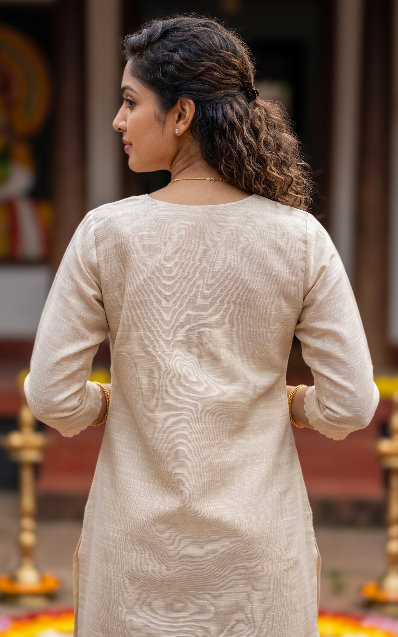 Beige Chanderi Traditional Onam Kurti Set for Women