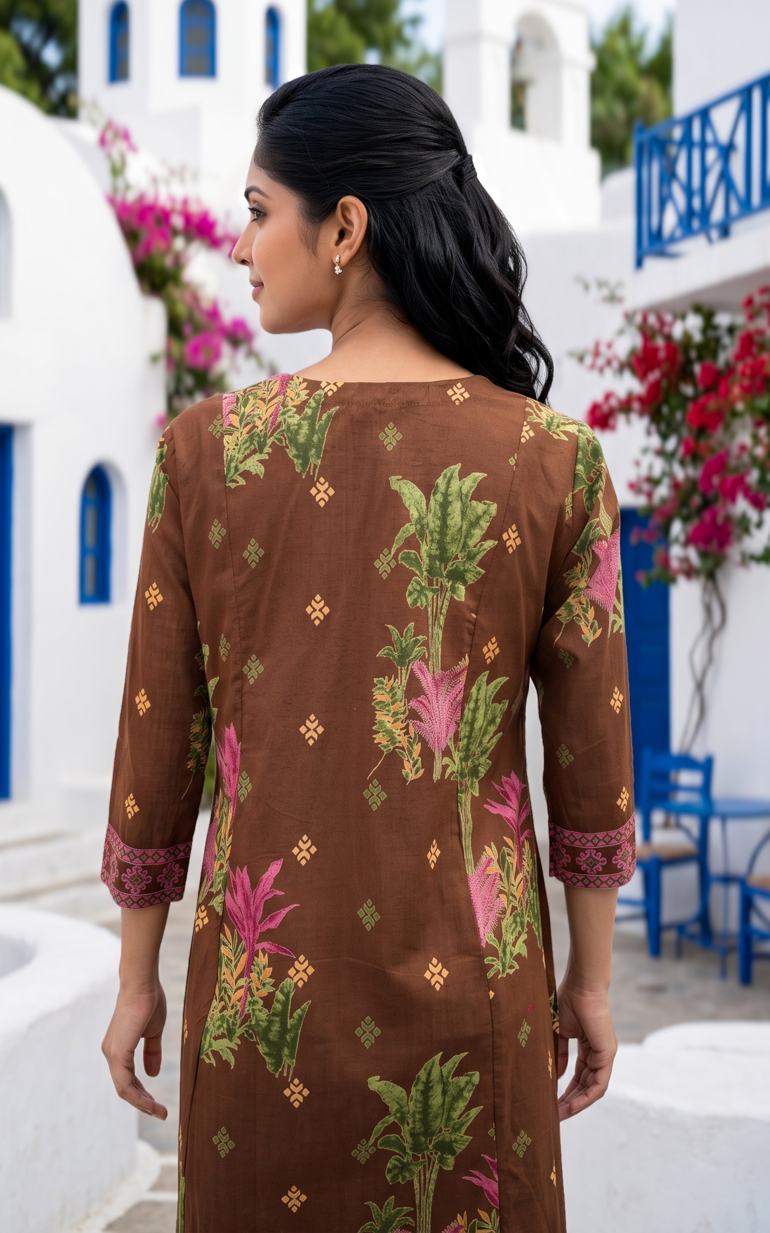 Brown Printed Cotton Designer Semi Aline Kurti Set for Women
