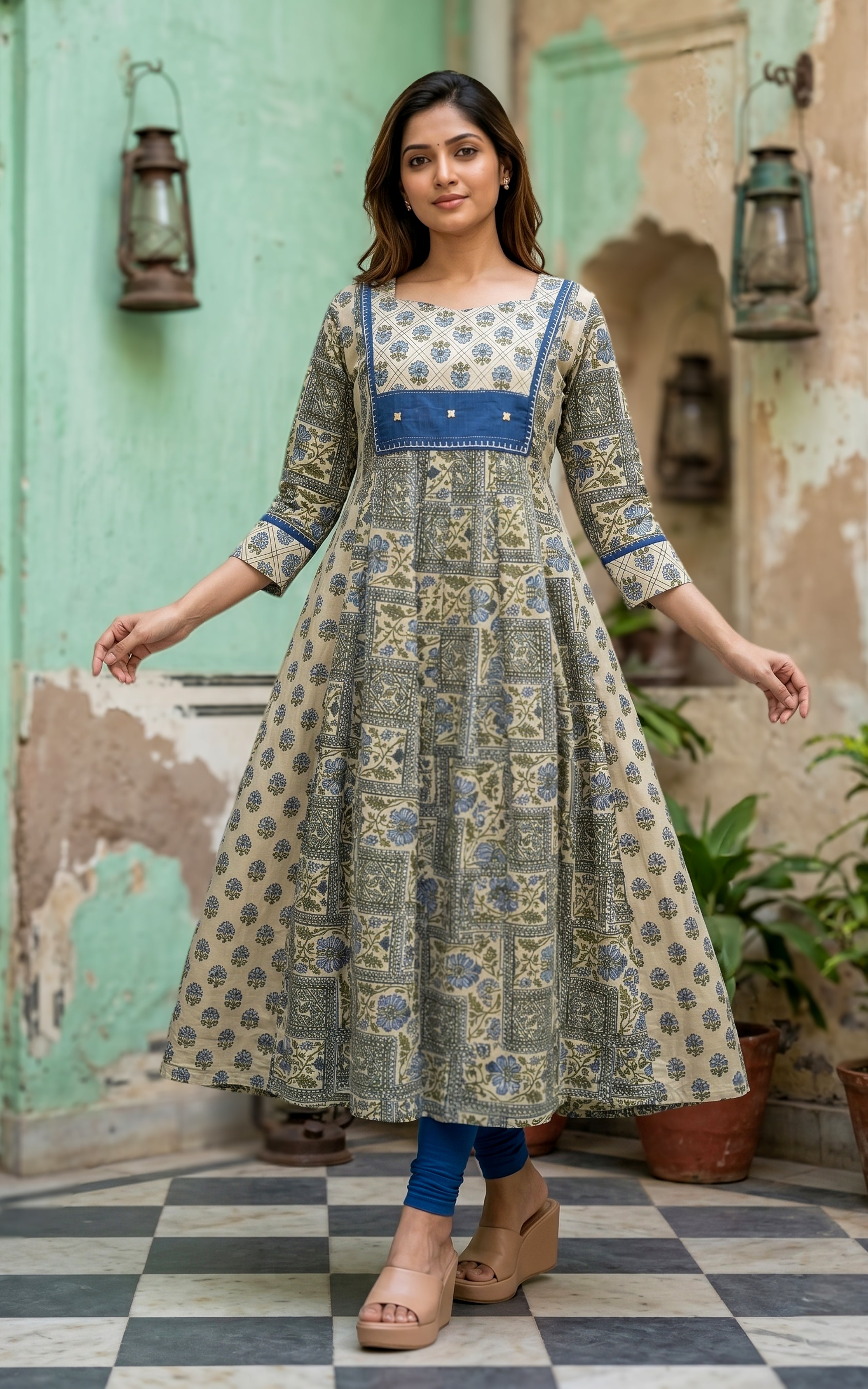 Printed cotton flared anarkali kurti for women

Flared anarkali with thread and mirror embroidery

Sweetheart neckline printed anarkali kurti