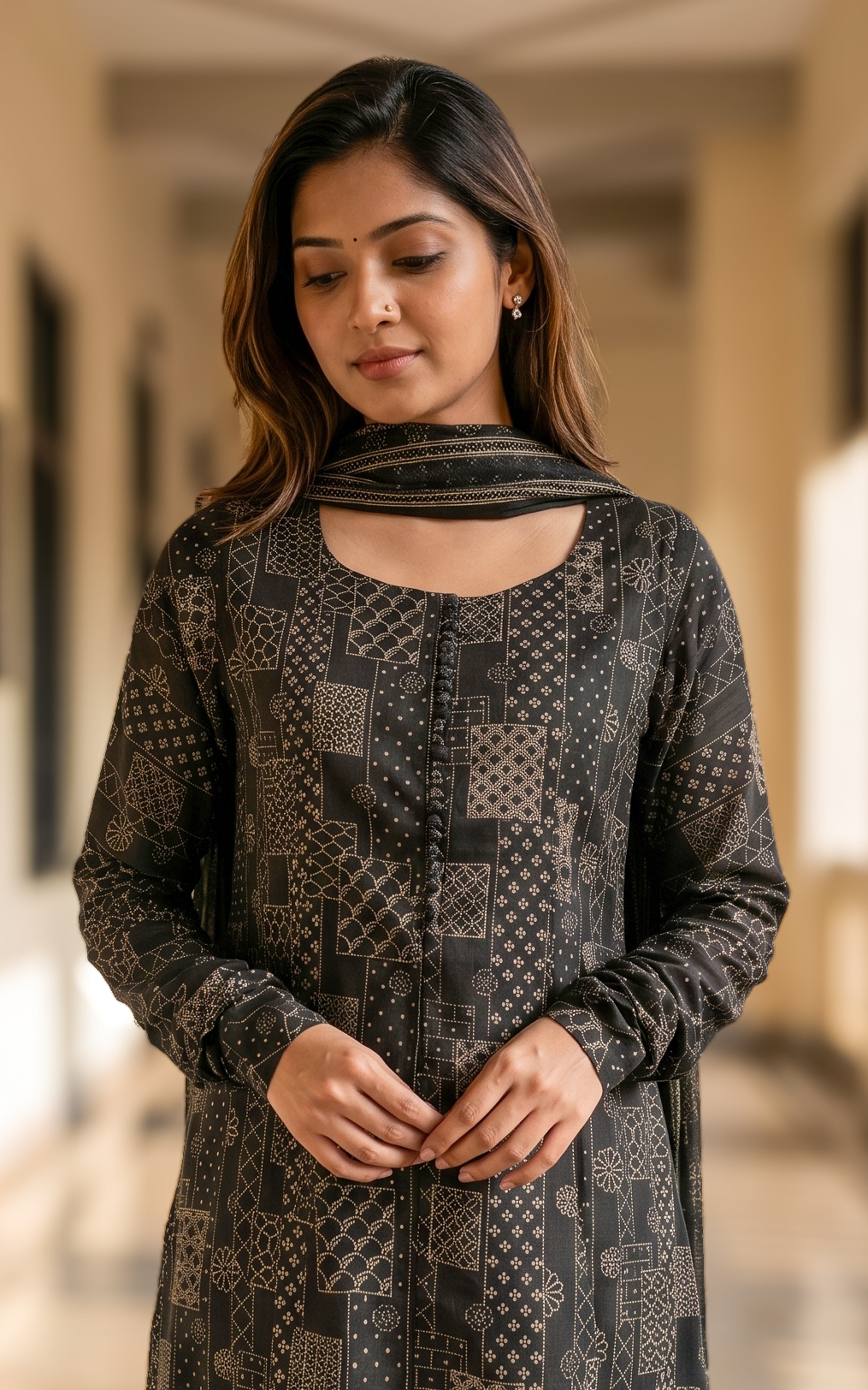 Black kurti with cotton dupatta for women