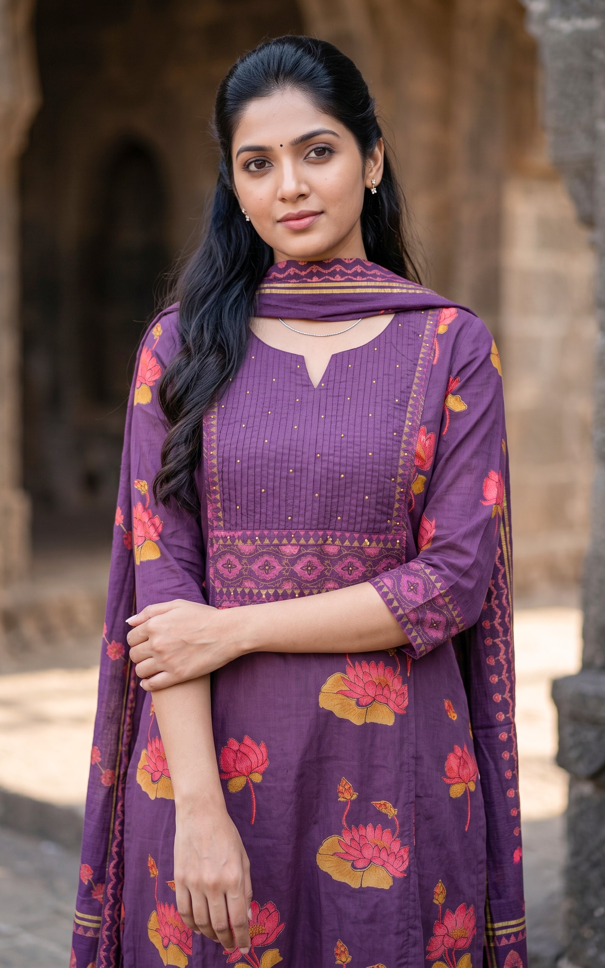 Purple Printed Cotton Casual Wear Kurti Set for Women