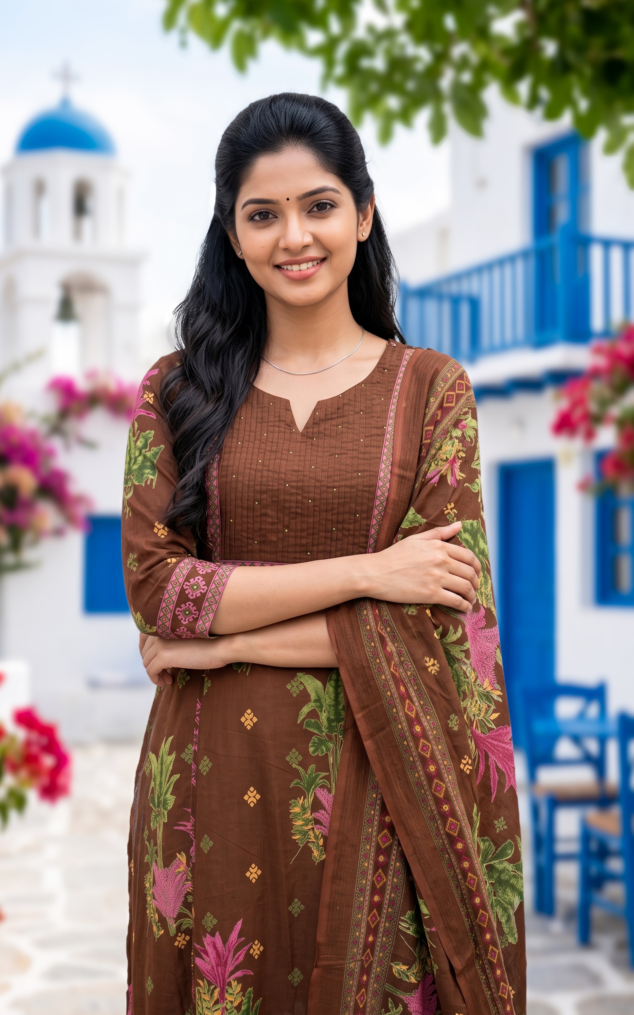 Brown Printed Cotton Semi Aline Kurti Set for Women