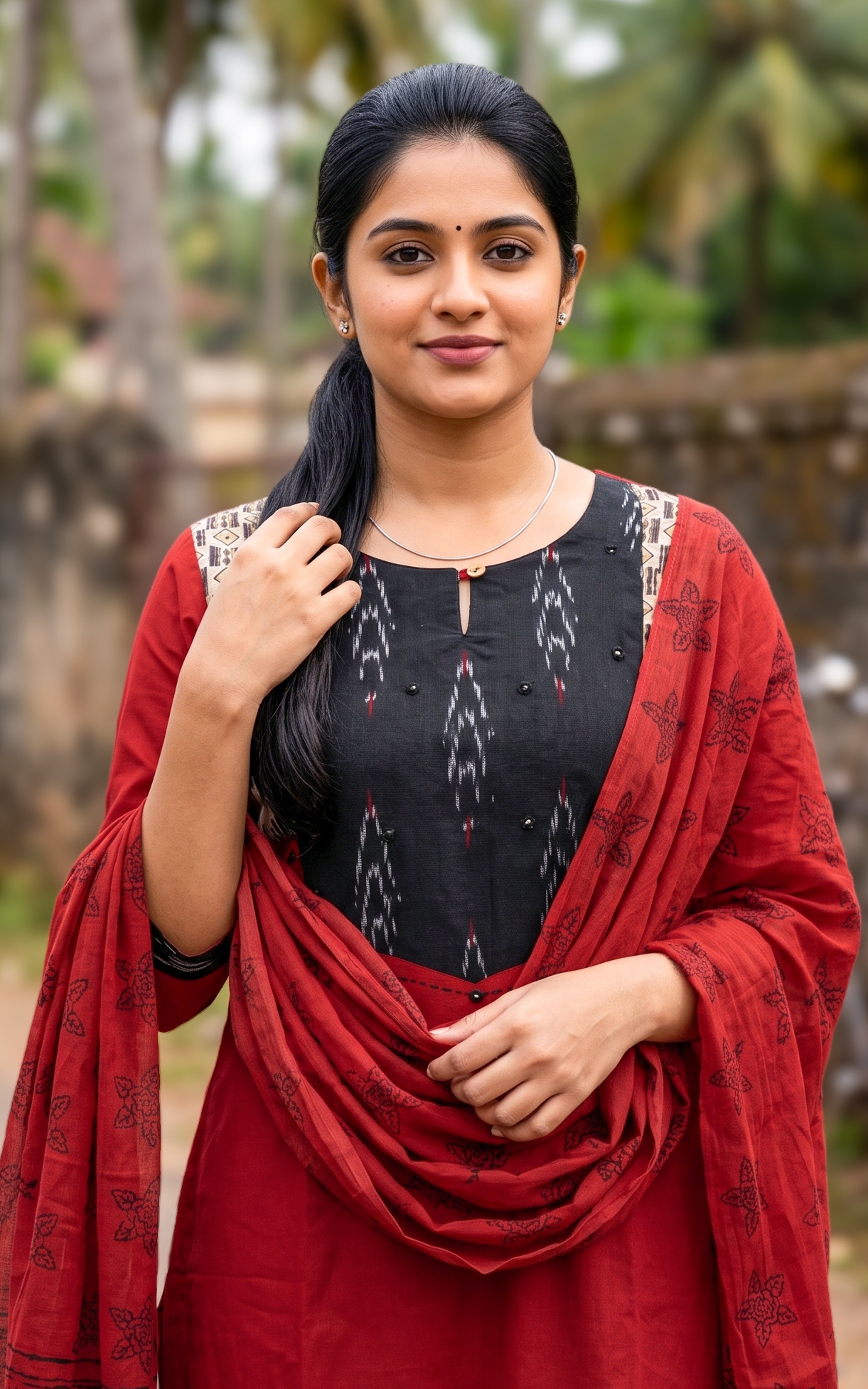 Brick Red Cotton Daily Wear Kurti Set with Dupatta for Women