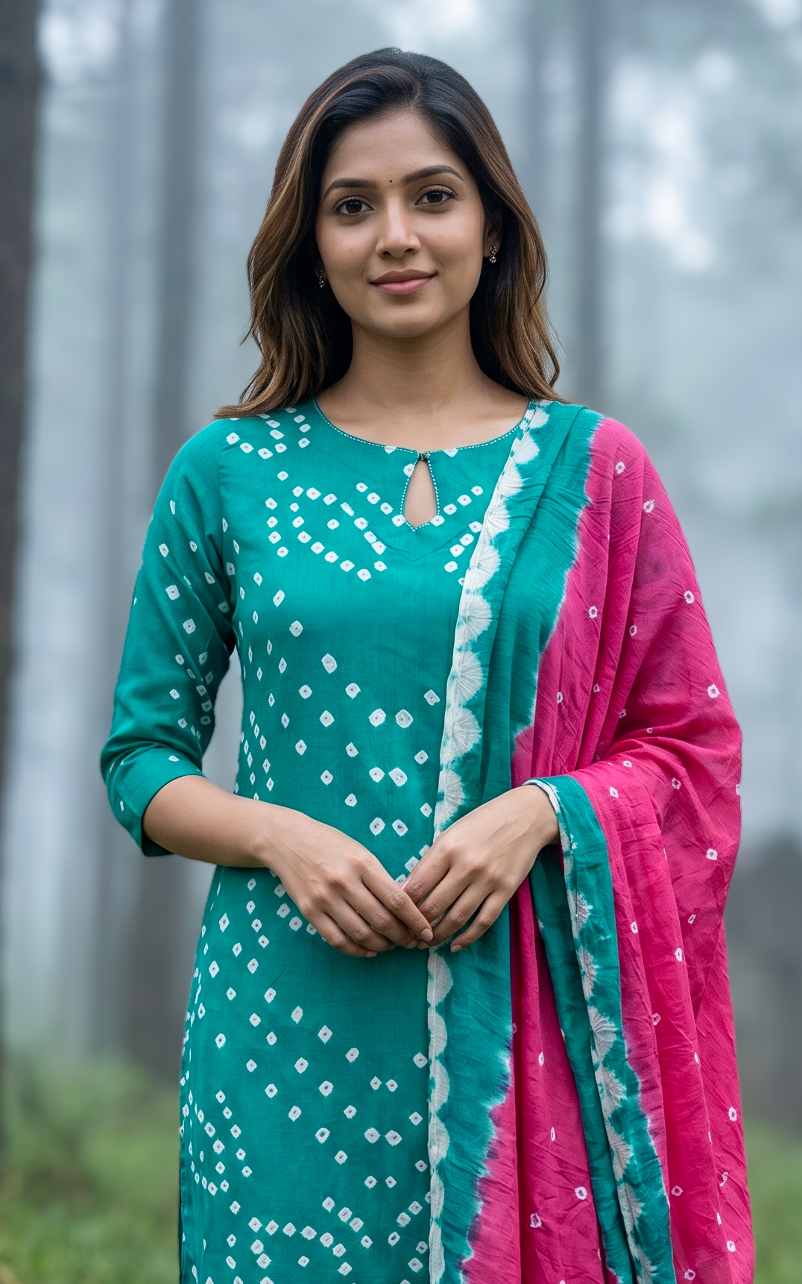 Teal green Bandhini cotton kurti set for women