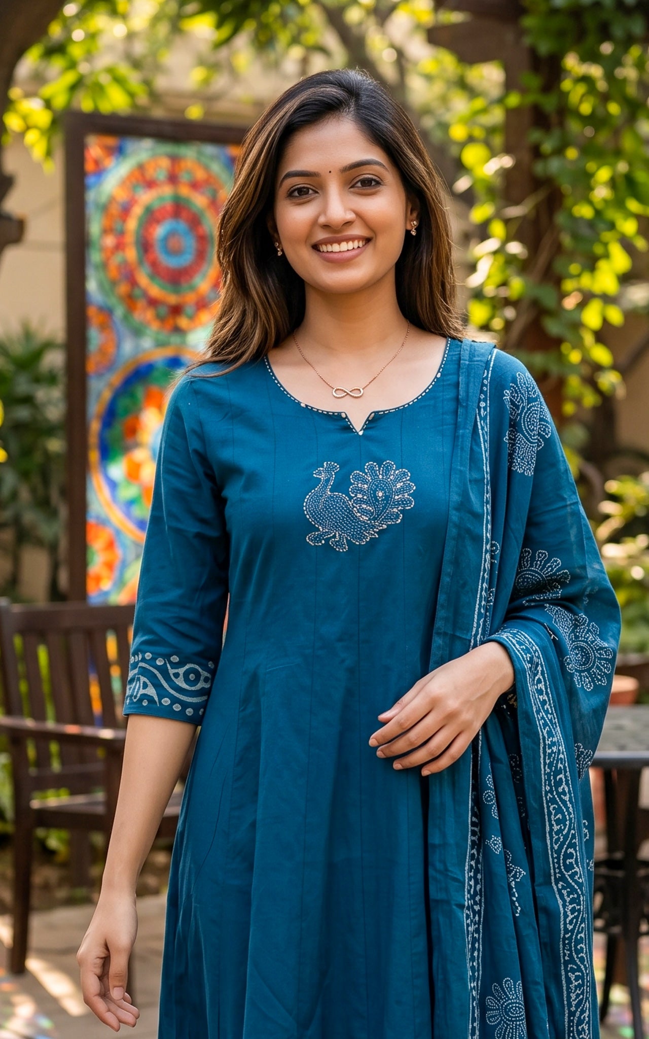 Peacock Blue Cotton Casual Wear Kurti Set for Women