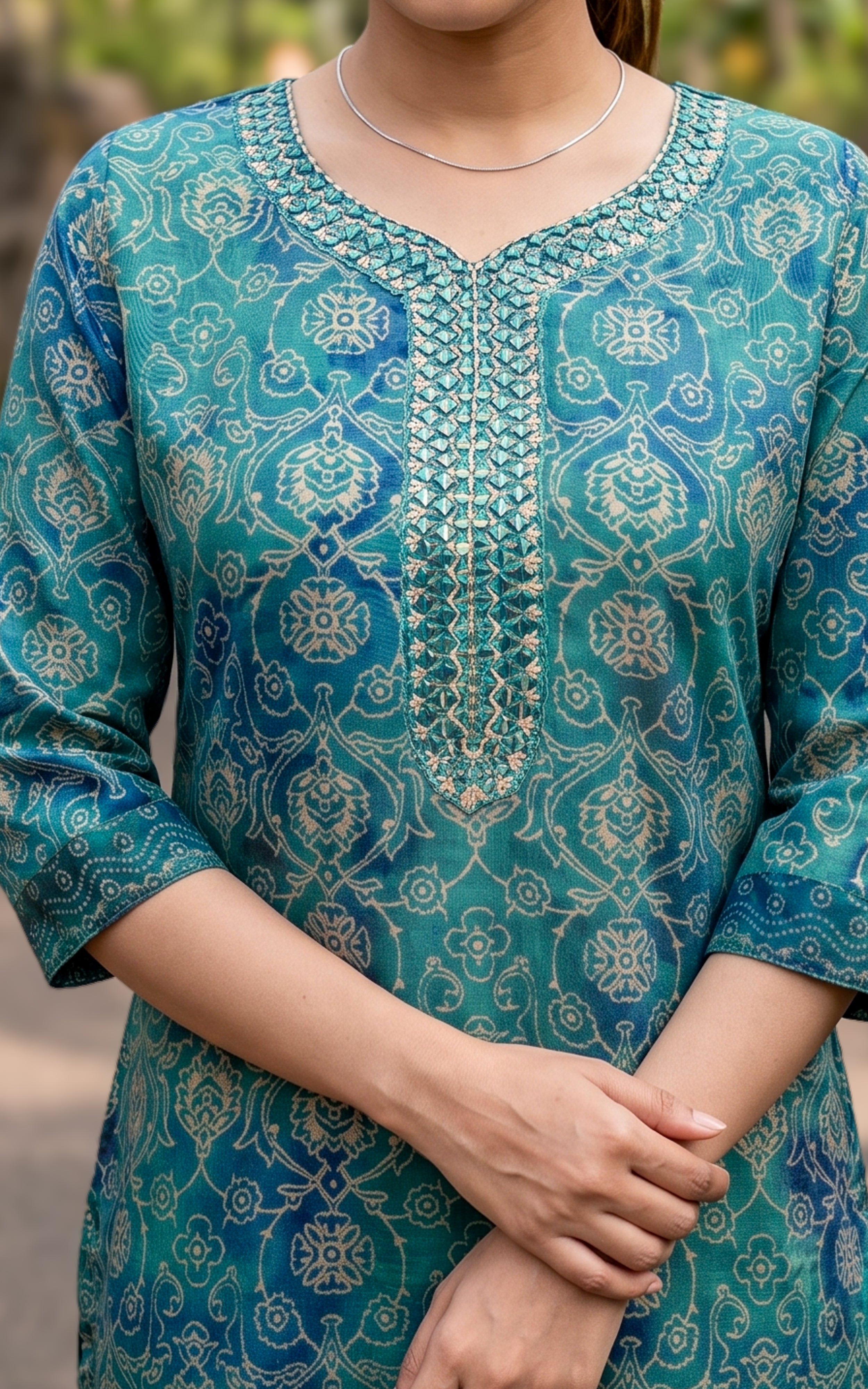 Dark Turquoise Art Silk Traditional Kurti Set with Dupatta for Women