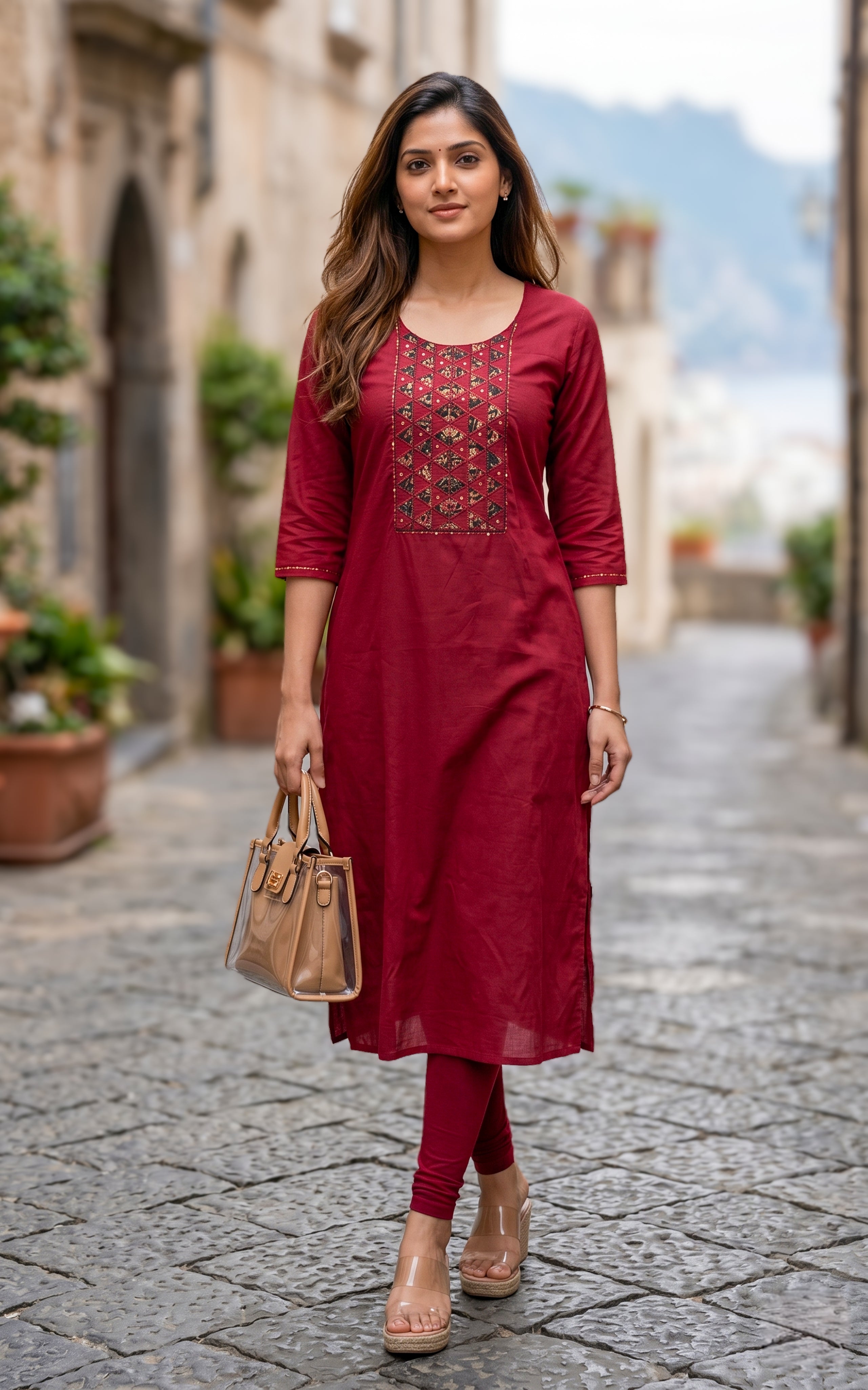 Maroon straight cut cotton kurti for women