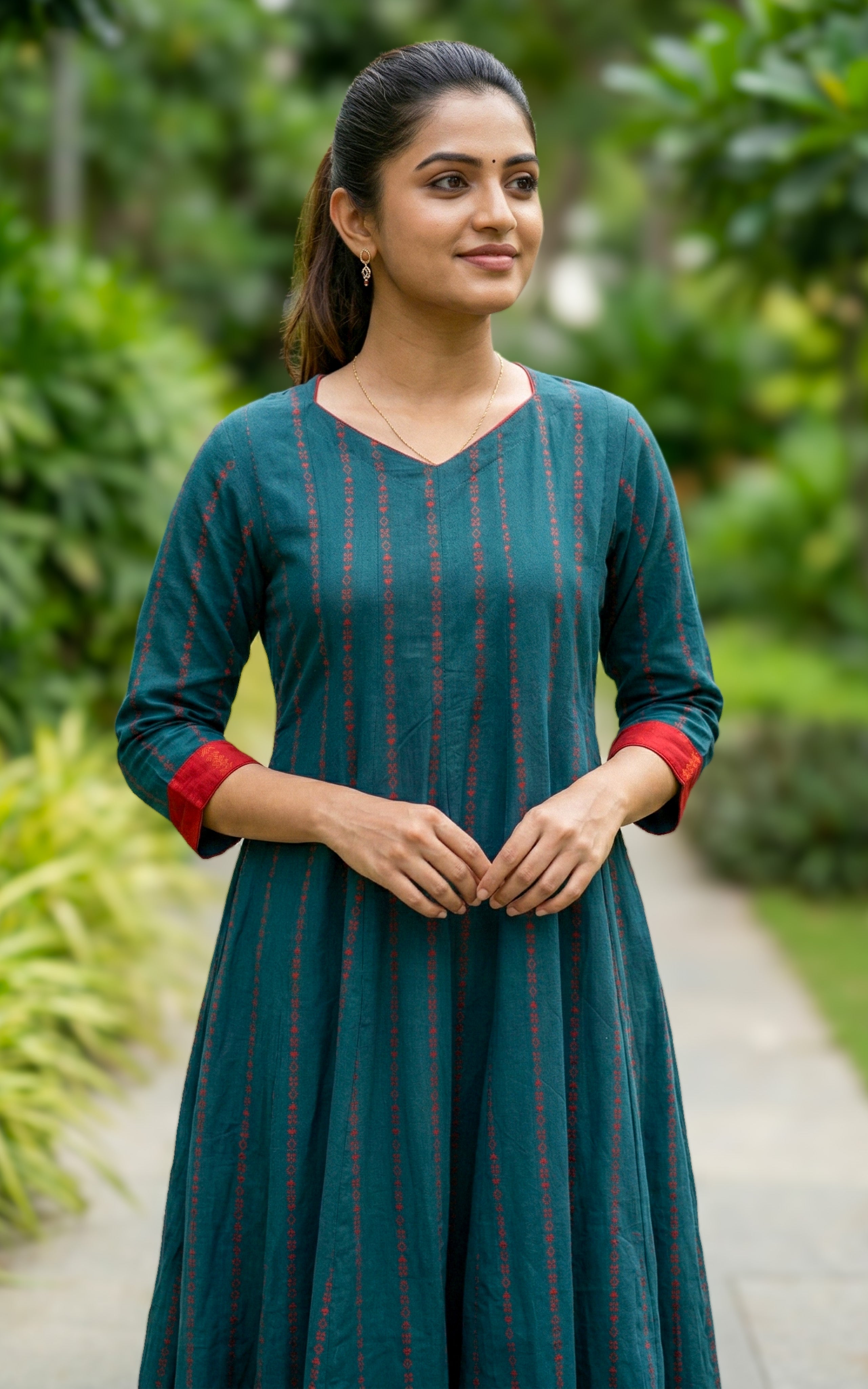 Teal Anarkali Kurti with One Side Pocket for Women