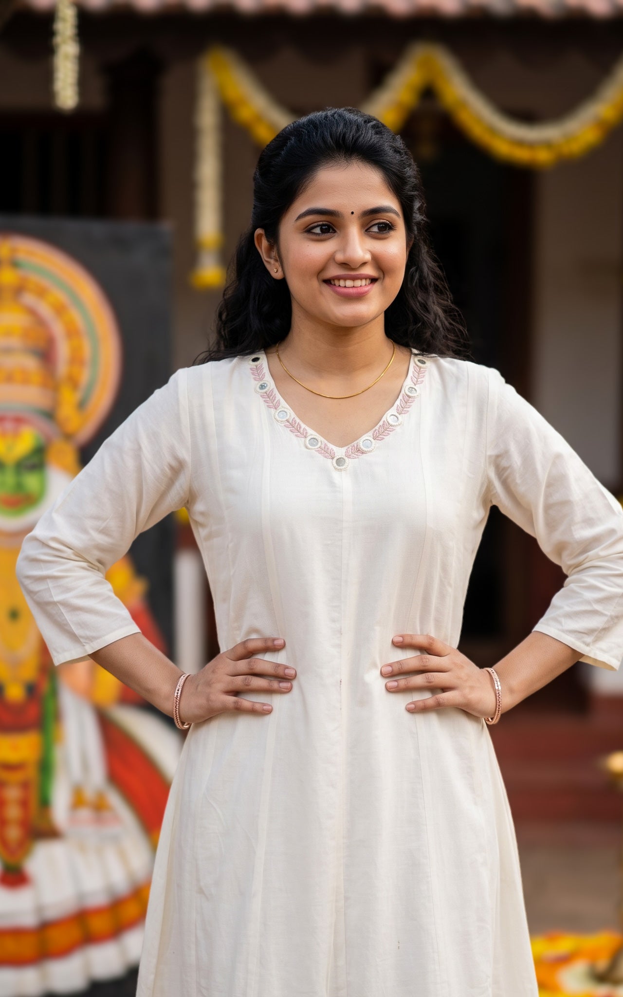 Off White Cotton Onam Collection Kurti for Women